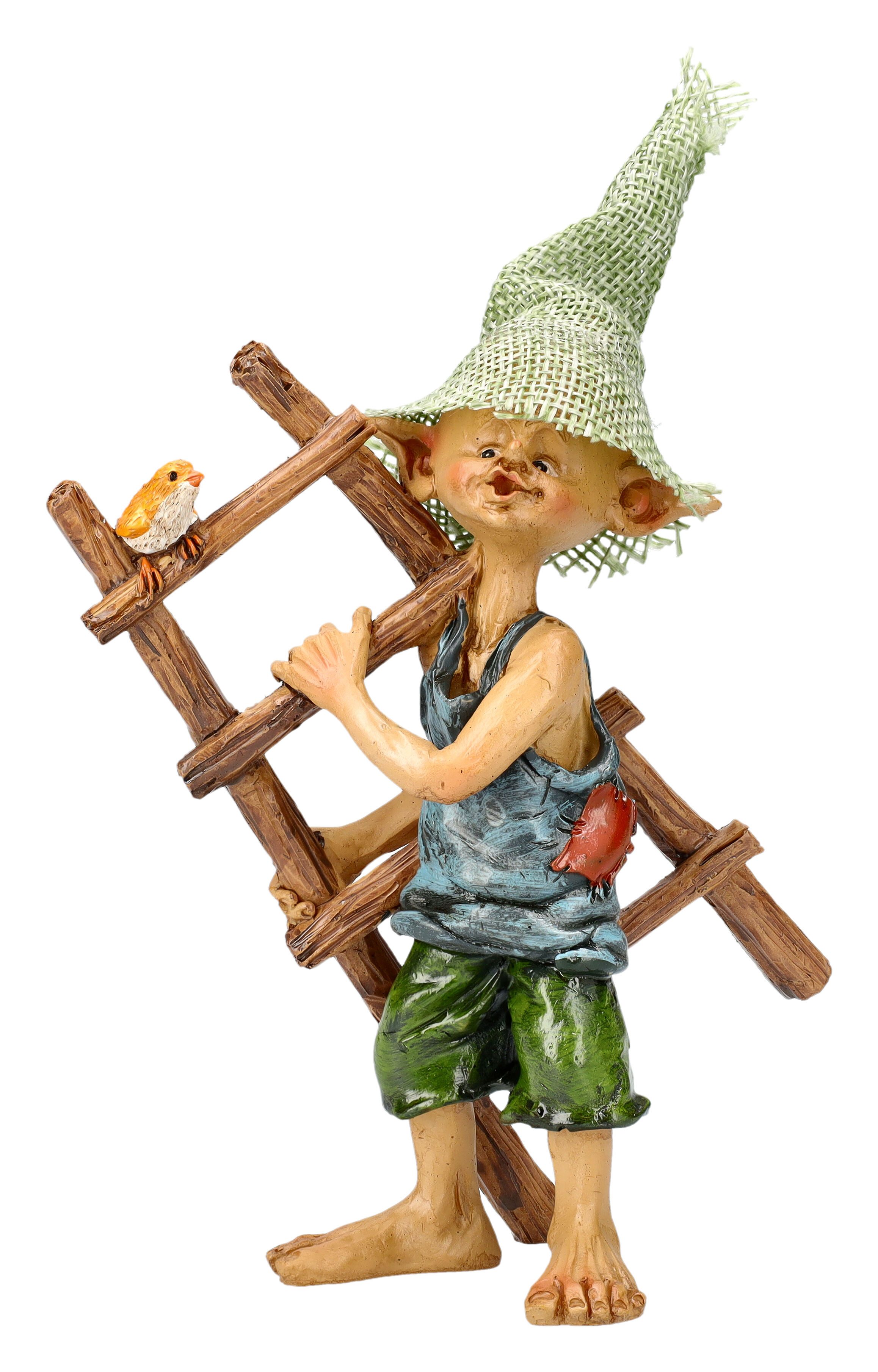 Figuren Shop GmbH Dekofigur Pixie Kobold Figur mit Leiter - Pfeift bei der Arbeit - Handwerker