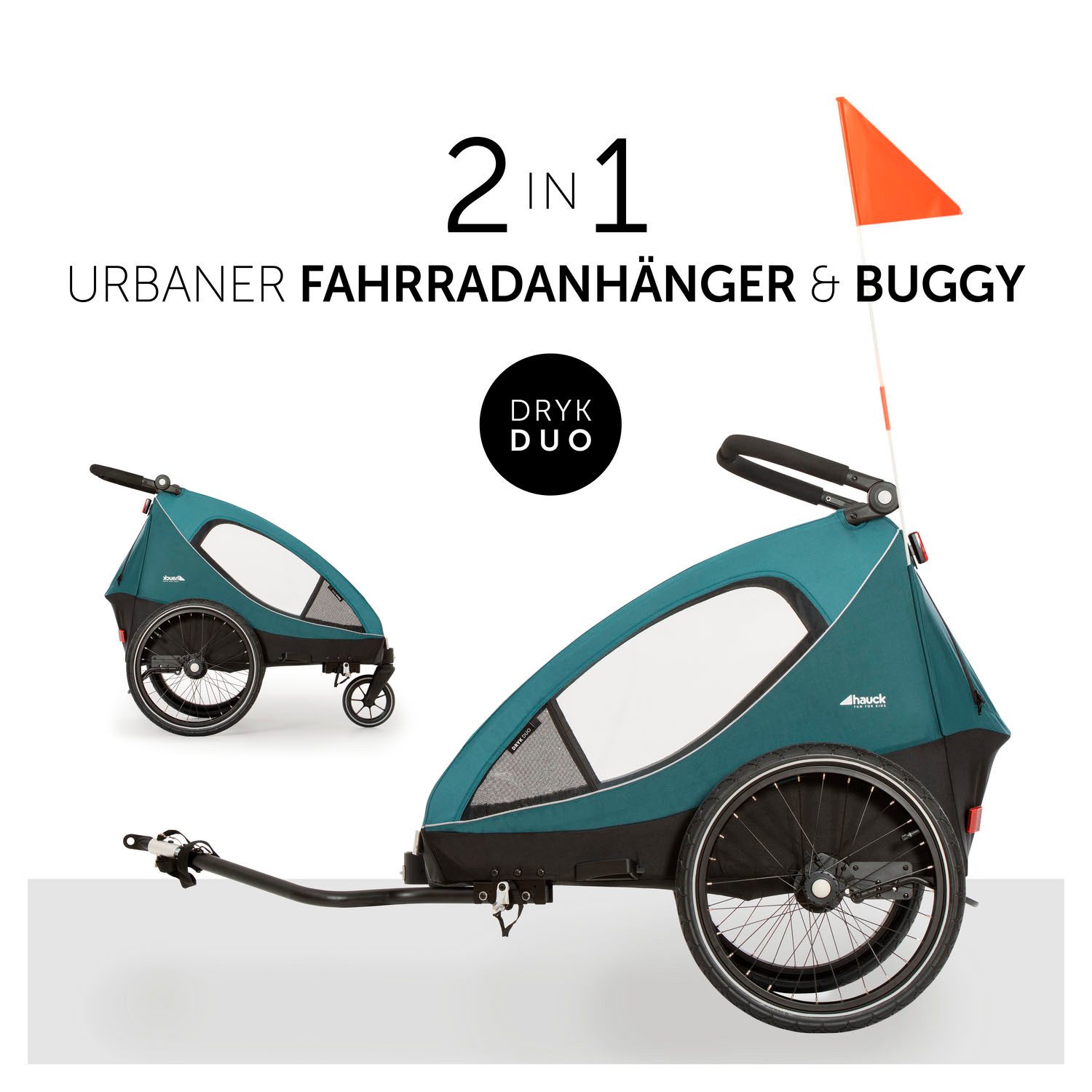 Hauck Fahrradkinderanhänger Dryk Duo, Ocean Green, für 2 Kinder; inkl. Buggy-Rad