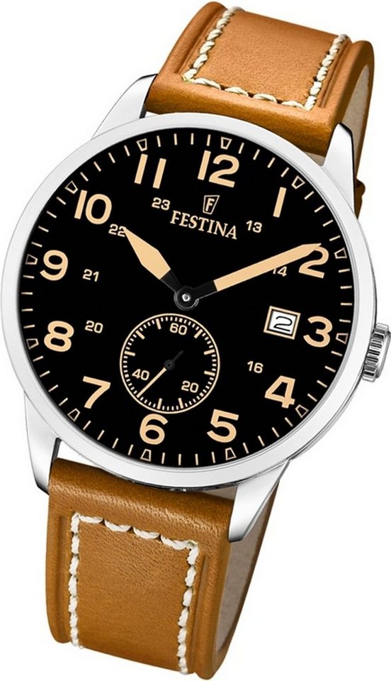 mit Herren Elegant-S groß Festina Lederarmband, rundes Uhr Herrenuhr F20347/6, Gehäuse, Leder 42mm), (ca. Festina Quarzuhr