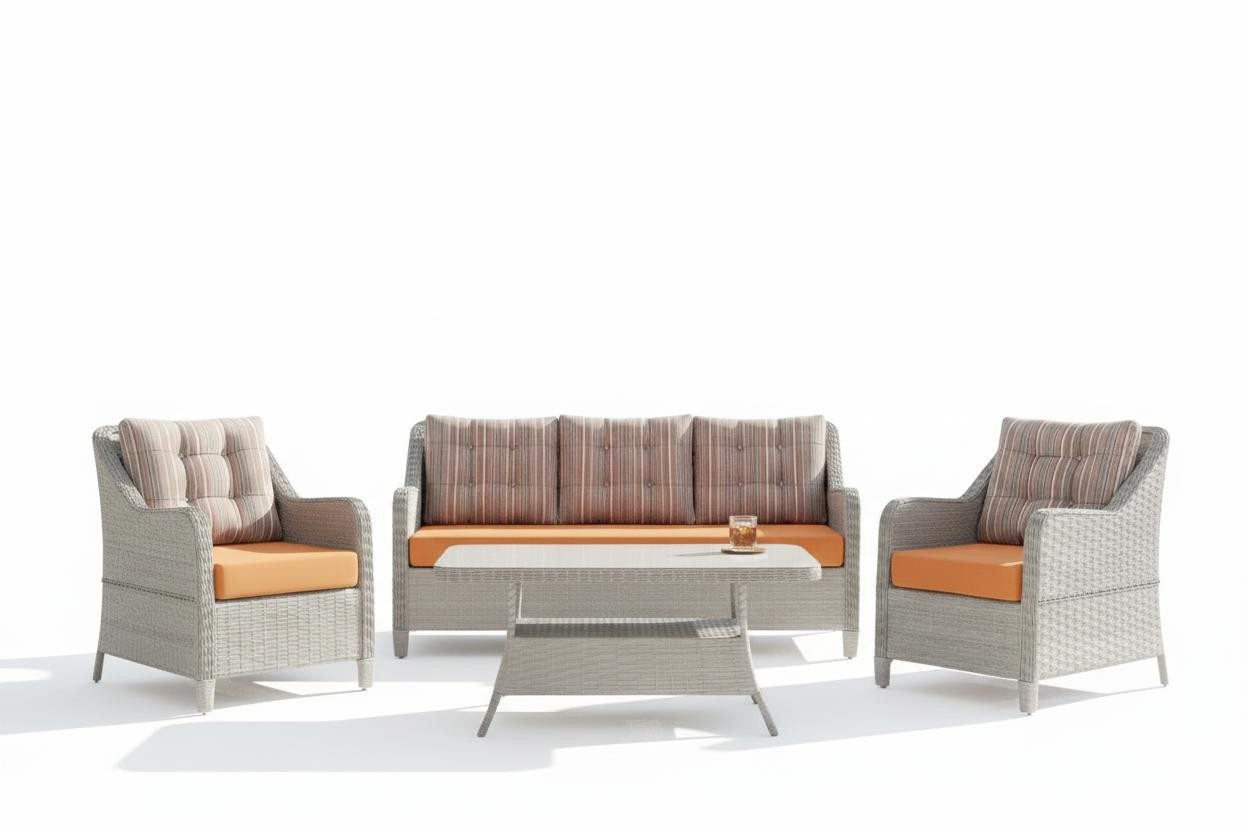 Xlmoebel Gartenlounge-Set Terrassen-Set: Sofa, Sessel und Tisch mit Glasplatte in Orange, (Gartenlounge-Set, 3-tlg., Terrassen-Set: Sofa, Sessel, Tisch), Made in Europa