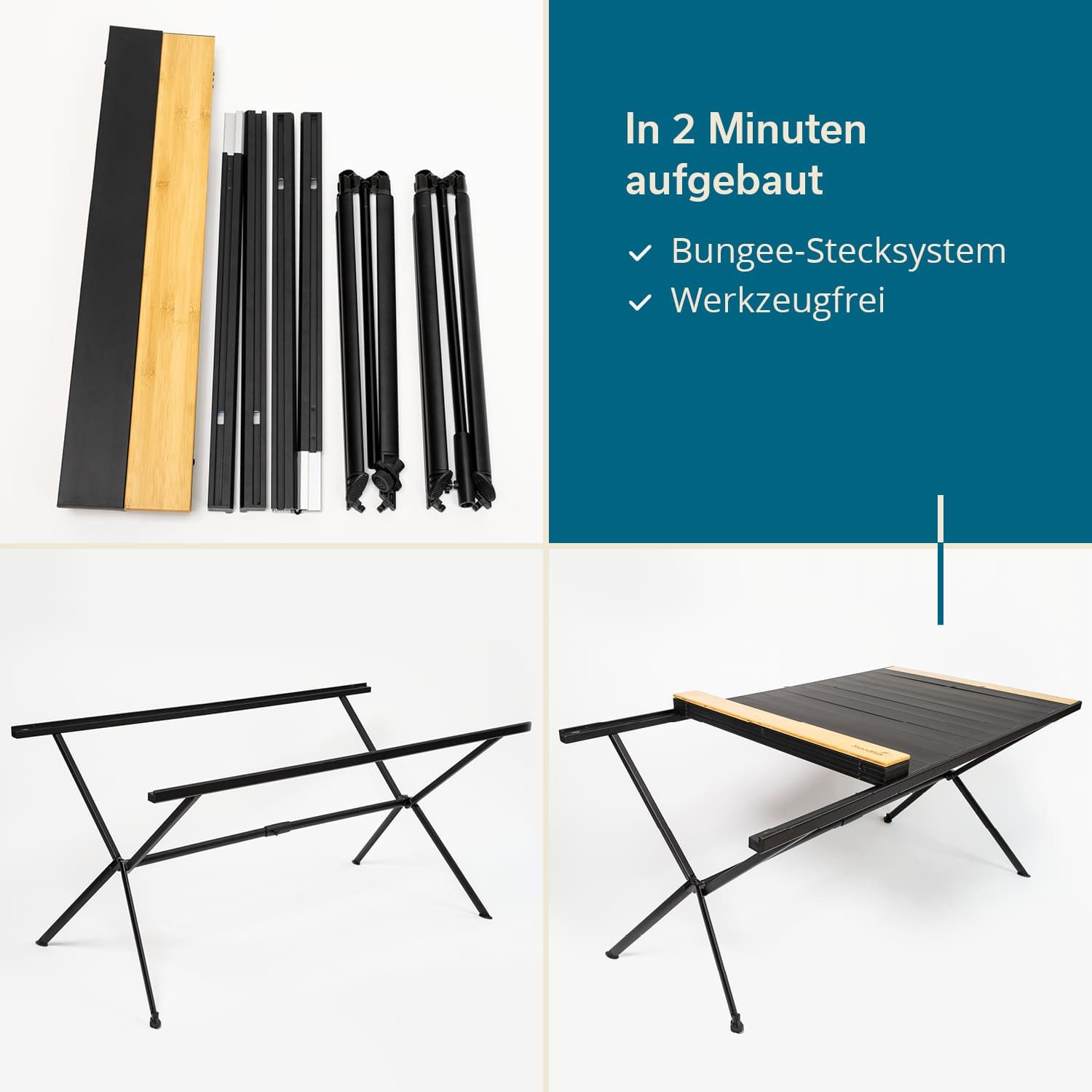 Skandika Campingtisch Tivaro, Alu Campingtisch mit Holz, für 4 Personen, klappbar, leicht (80 kg Traglast, 120x80x70cm, wetterfest, pflegeleicht, Gewicht 6,9 kg), einrollbare Tischplatte, Höhenverstellbare Füße, Tragetasche