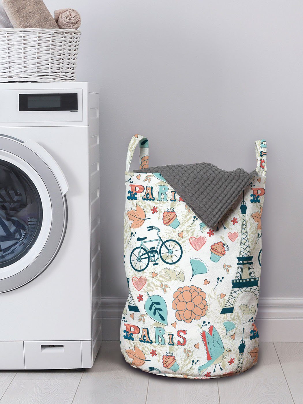 Waschsalons, Frankreich Theme Griffen für Paris mit Wäschekorb in Kordelzugverschluss Herbst Abakuhaus Wäschesäckchen