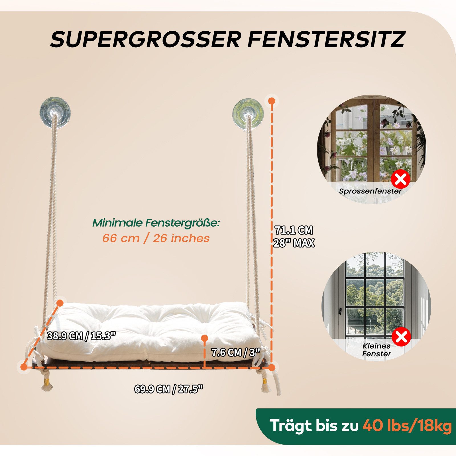 CheerPals Tierbett Fenster-Katzenhängematte aus Massivholz, starke Saugnäpfe, Polyesterfaser