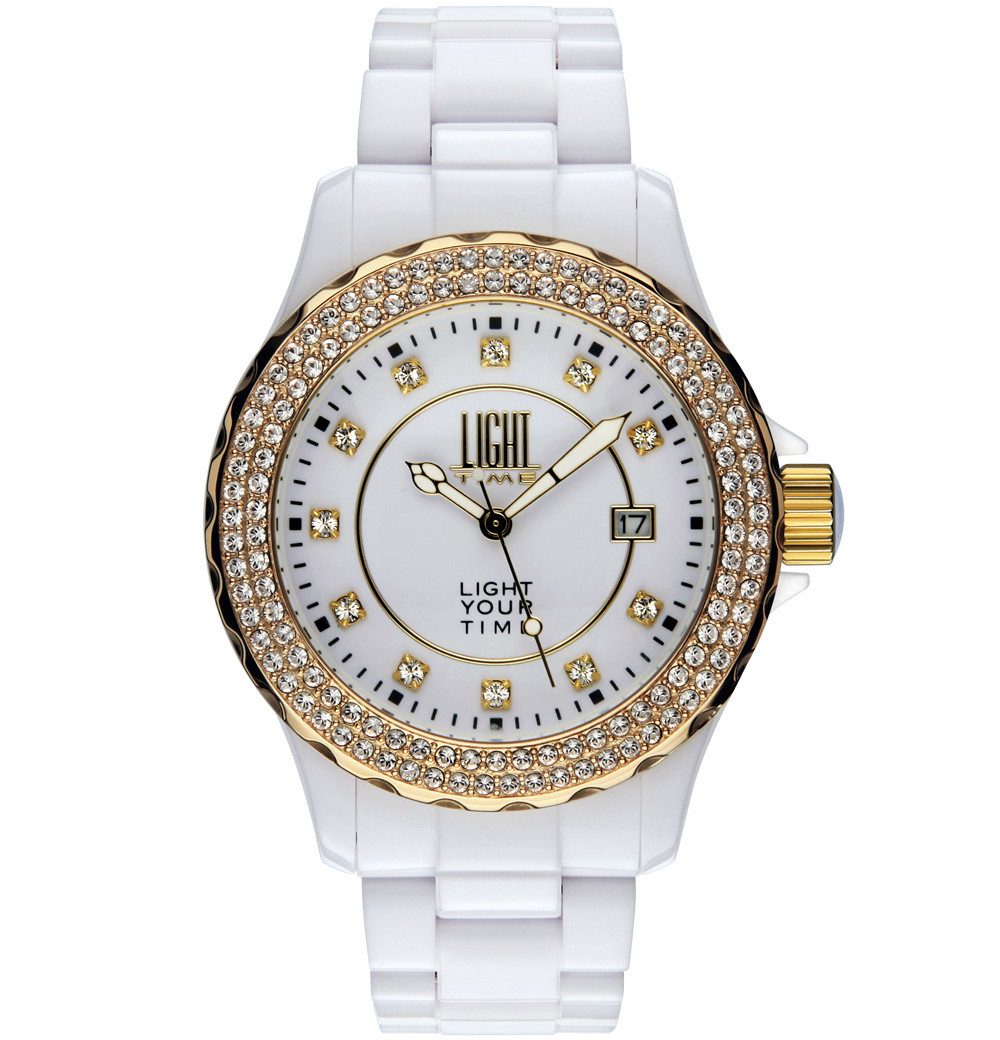 Light Time Quarzuhr Armbanduhr Damen Kunststoff Datum Weiß Gold Zirkonia L071B
