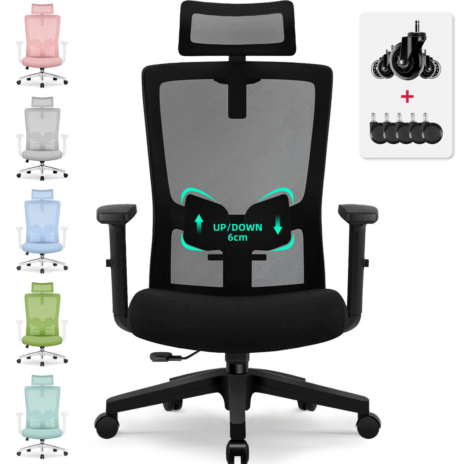 Adormii Bürostuhl Ergonomischer Bürostuhl, Schreibtischstuhl Chefsessel (Drehstuhl 360°mit Verstellbarer Kopfstütze, Lendenwirbelstütze und Verstellbarer Armlehnen, Computerstuhl, Wippfunktion bis 135), Höhenverstellbar, Atmungsaktiver Netzbezug, 150KG Belastbarkeit