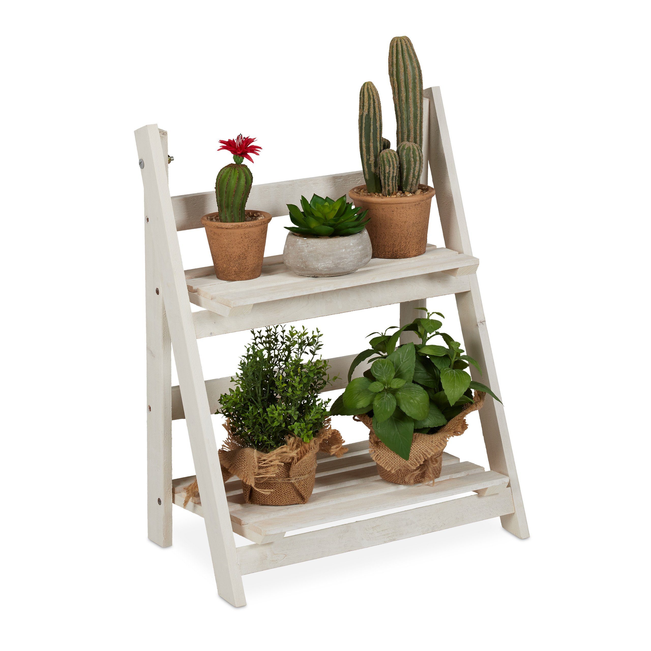 relaxdays Blumenständer Weiße Blumentreppe aus Holz, günstig online kaufen