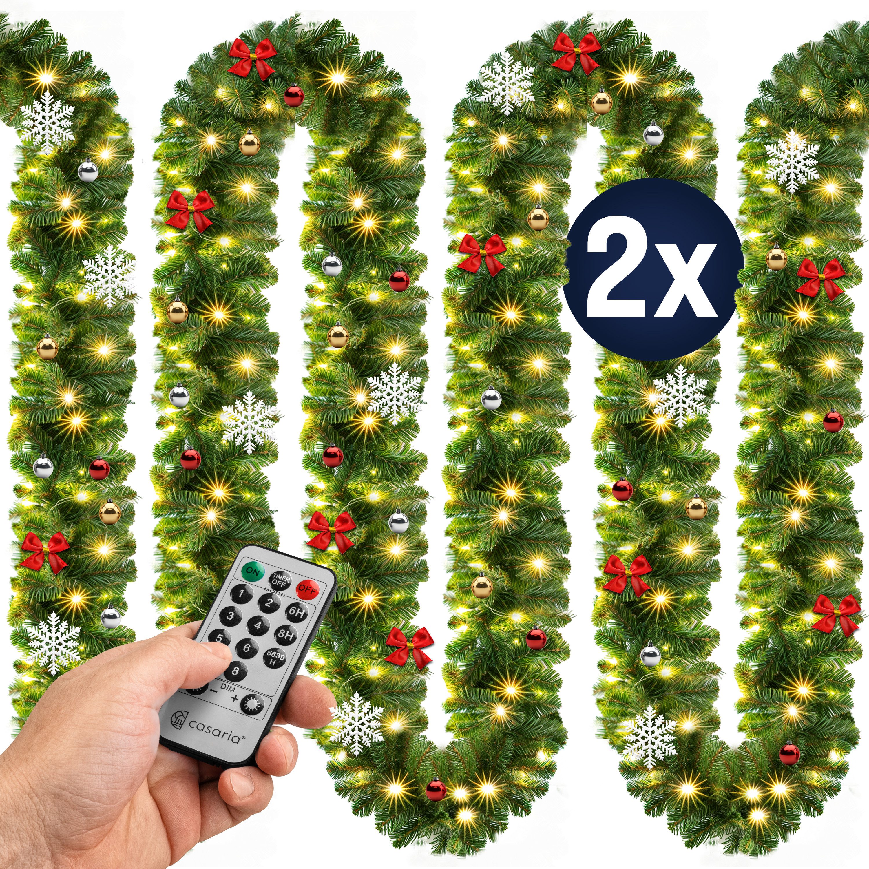 Kunstgirlande, Casaria, Höhe 28 cm, Weihnachtsgirlande Deko mit Fernbedienung 2x 5m 80 LED Weihnachten