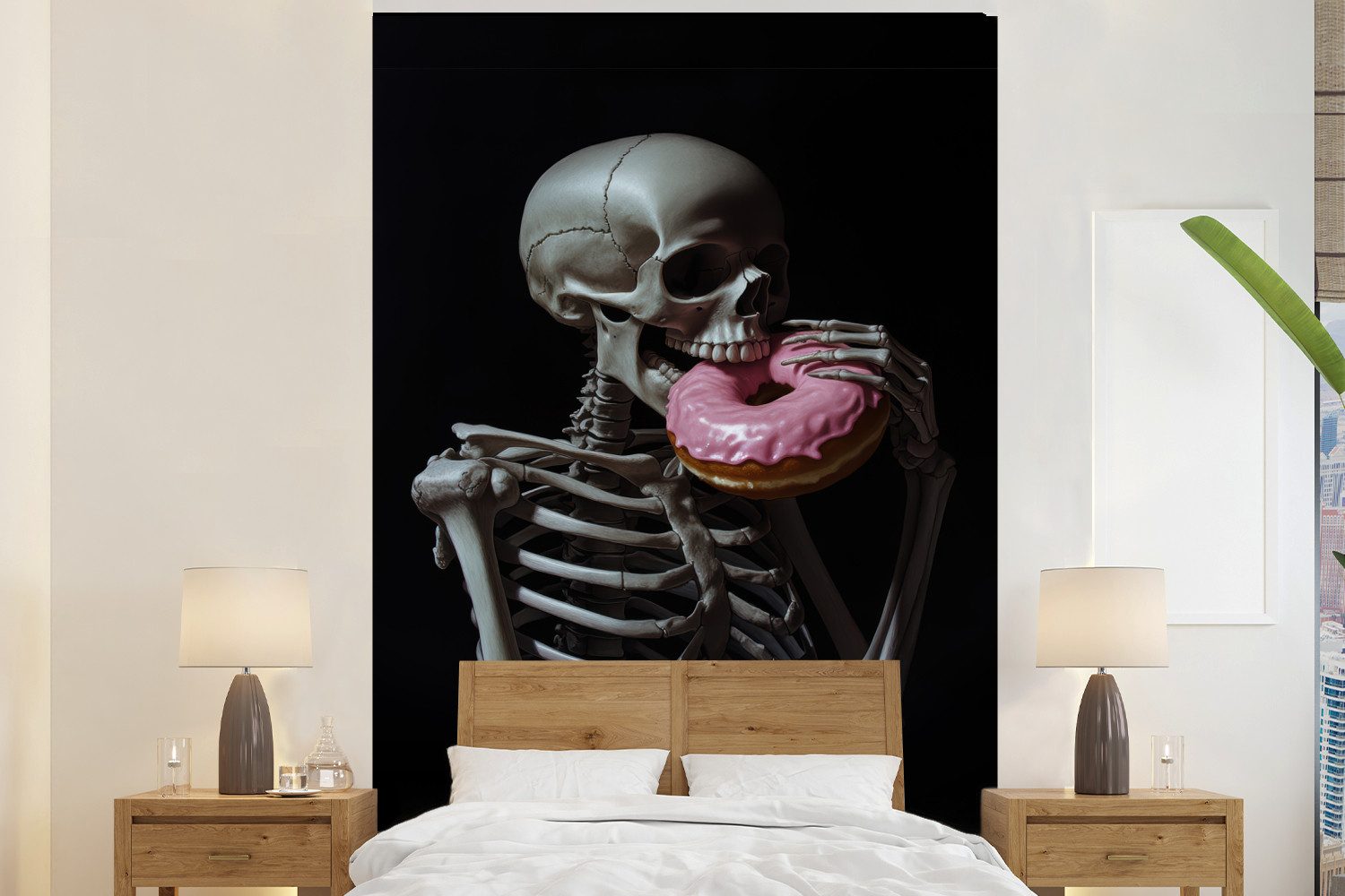 MuchoWow Fototapete Skelett - Donut - Lebensmittel - Schädel - Rosa, Matt, bedruckt, Montagefertig Vinyl Tapete, Wandtapete, 145x220 cm