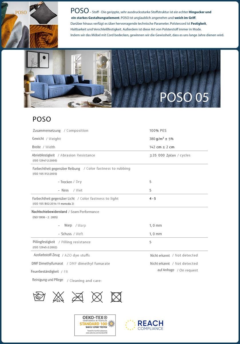 mit Beautysofa Cord-Bezug, Schlafsofa Sessel und mit (poso Monte, 05) aus Wellenunterfederung, Blau Holzbeine Polstergarnitur schwarze Hocker), (Polsterset Bettkasten,