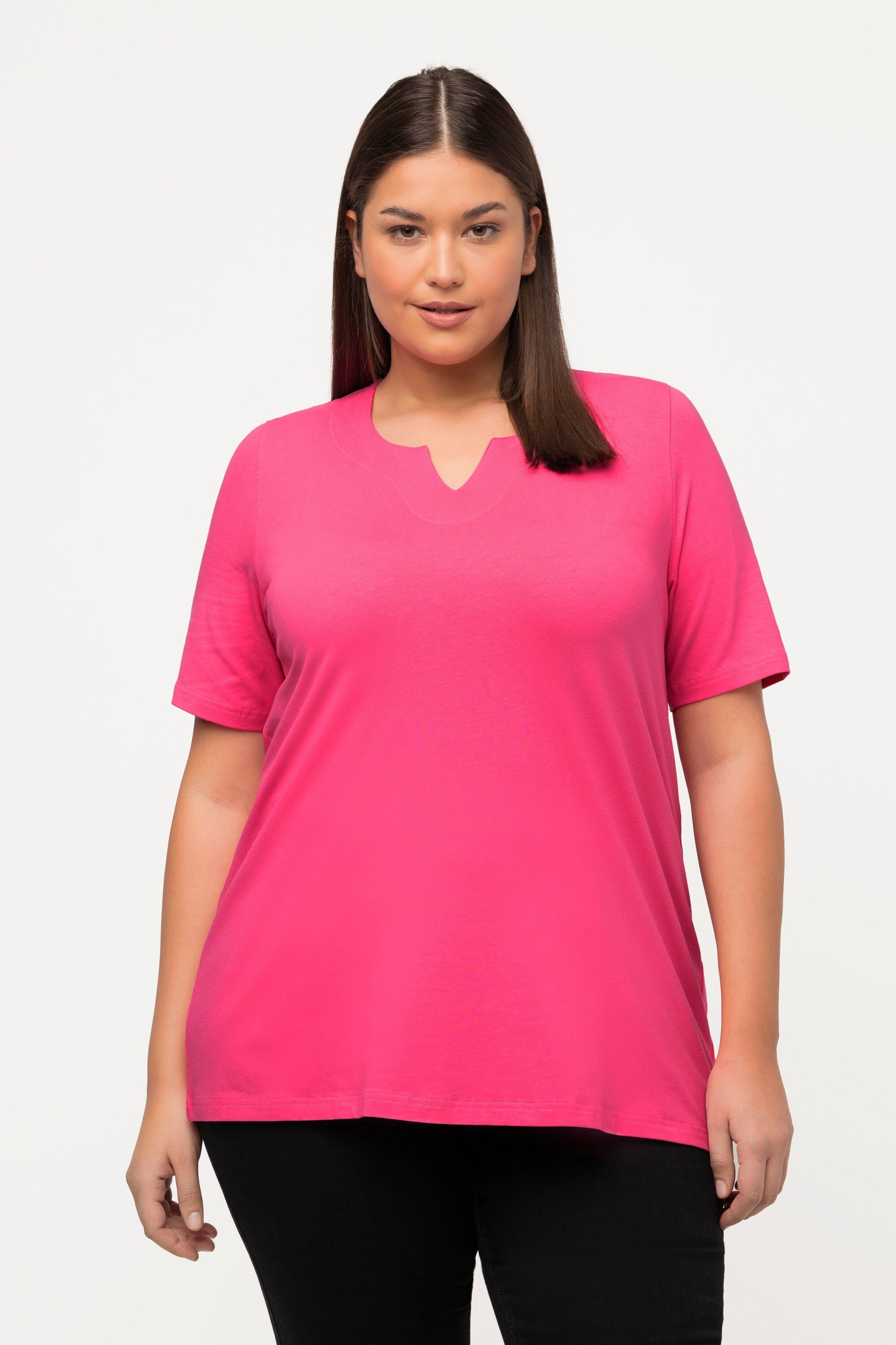 Popken Rundhalsshirt Tunika-Ausschnitt Ulla rosa T-Shirt A-Linie Halbarm