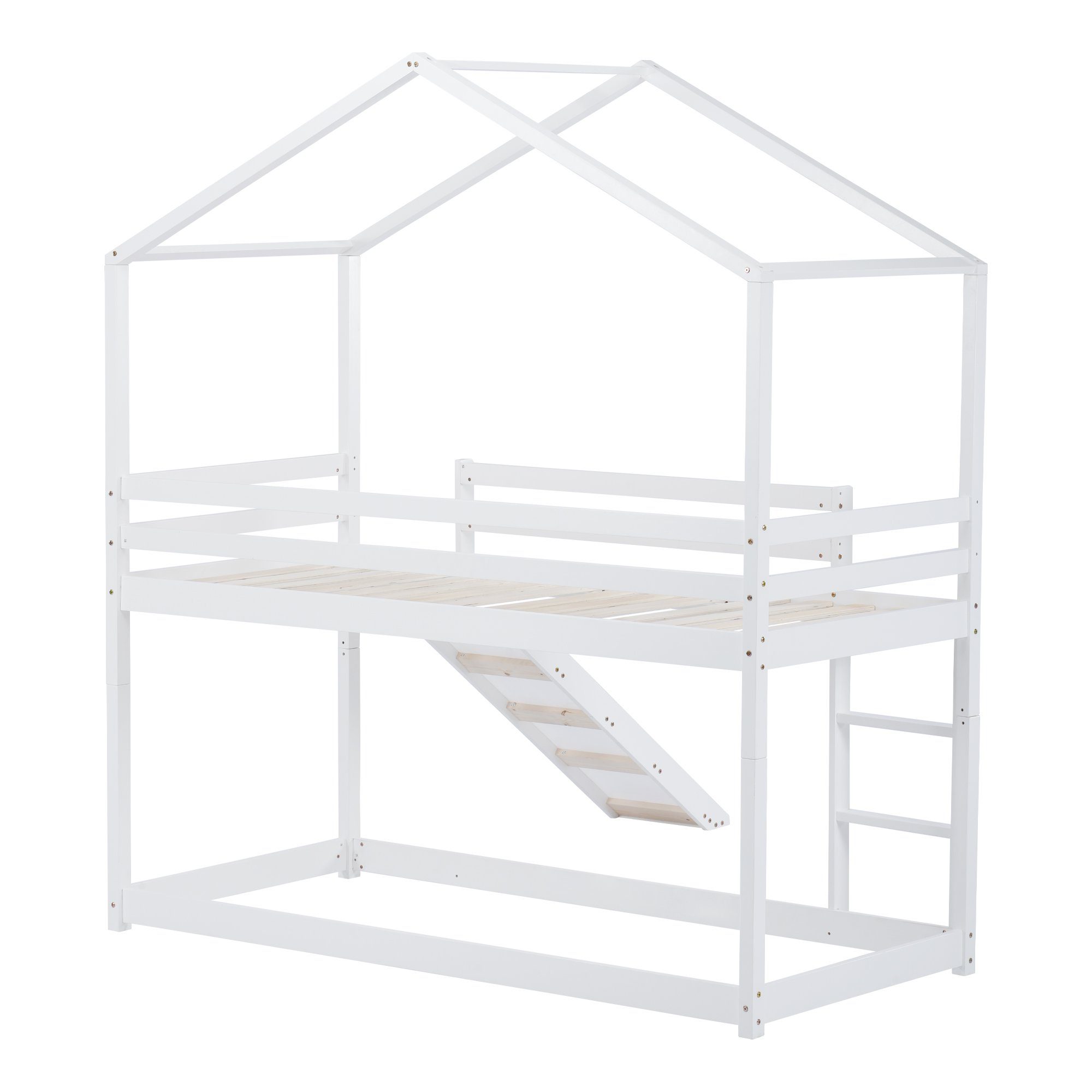 Etagenbett (Kinderbett Hausbett 90x200 cm), Hochbett mit Lattenrost, Rutsche, Rausfallschutz und Leiter, Kiefer