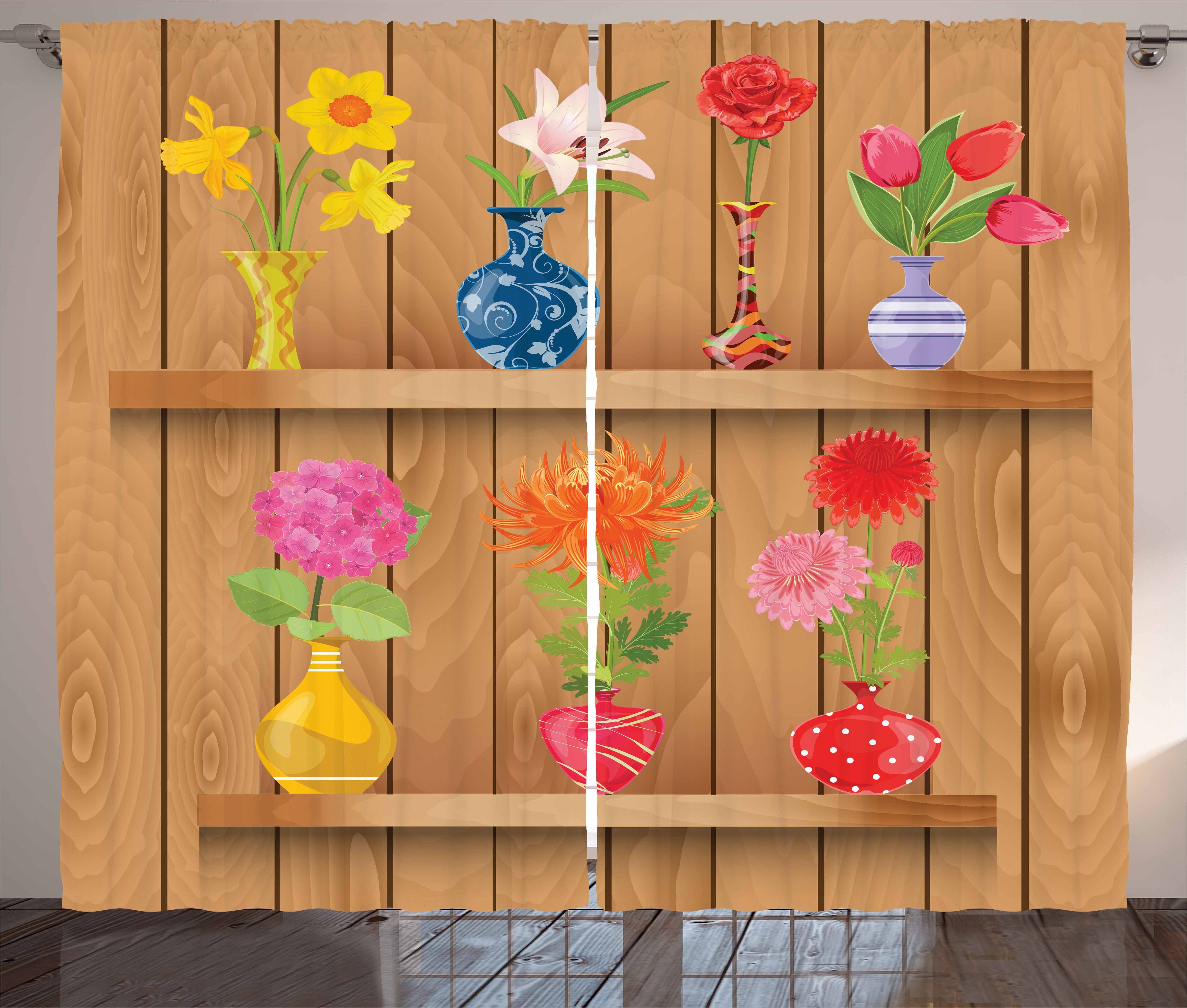 Gardine Schlafzimmer Kräuselband Vorhang mit Schlaufen und Haken, Abakuhaus, Blumen Cartoon Blumen in Vase
