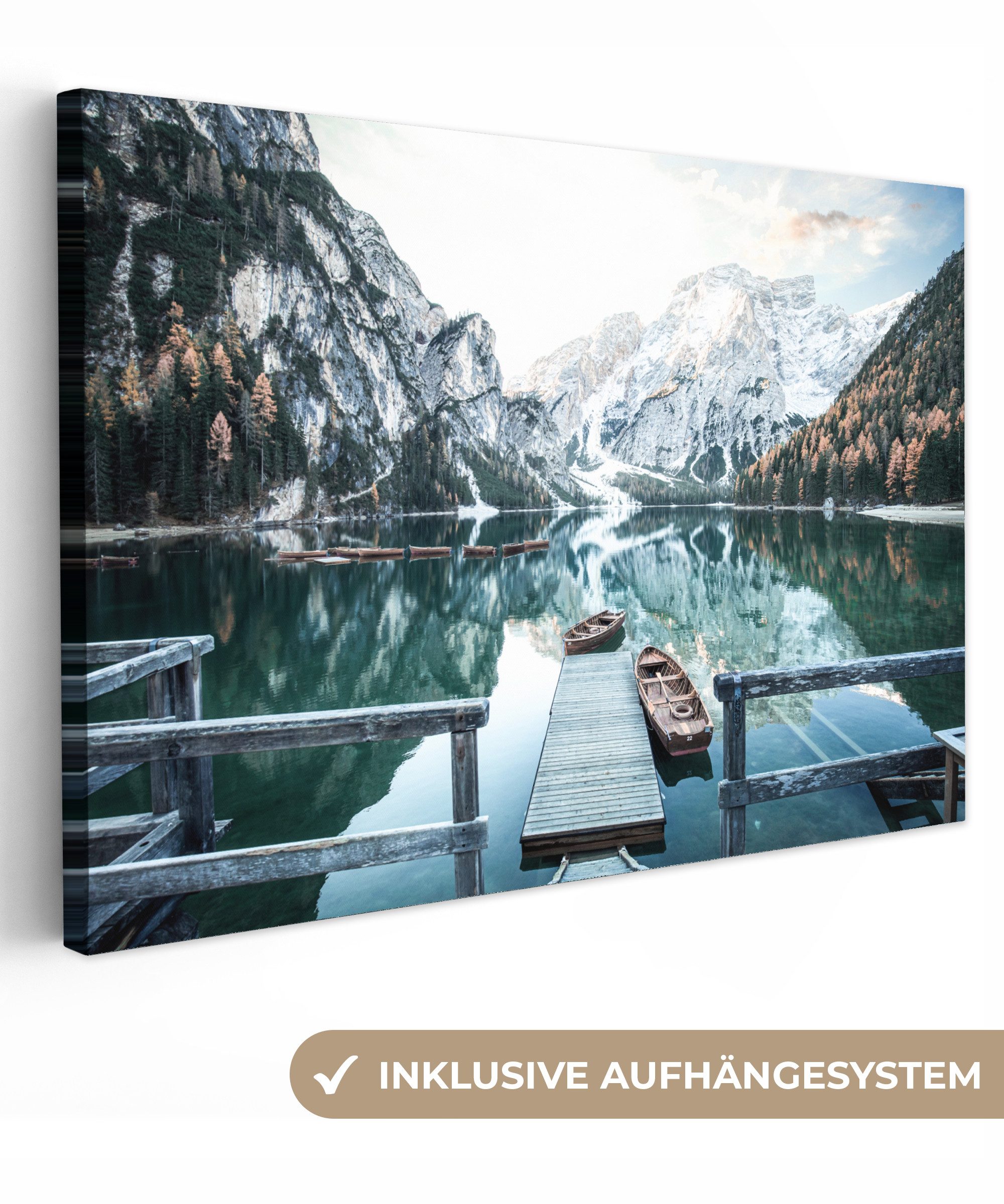 OneMillionCanvasses® Leinwandbild Natur - Berge - Schnee - Wald - Boot, Fot günstig online kaufen