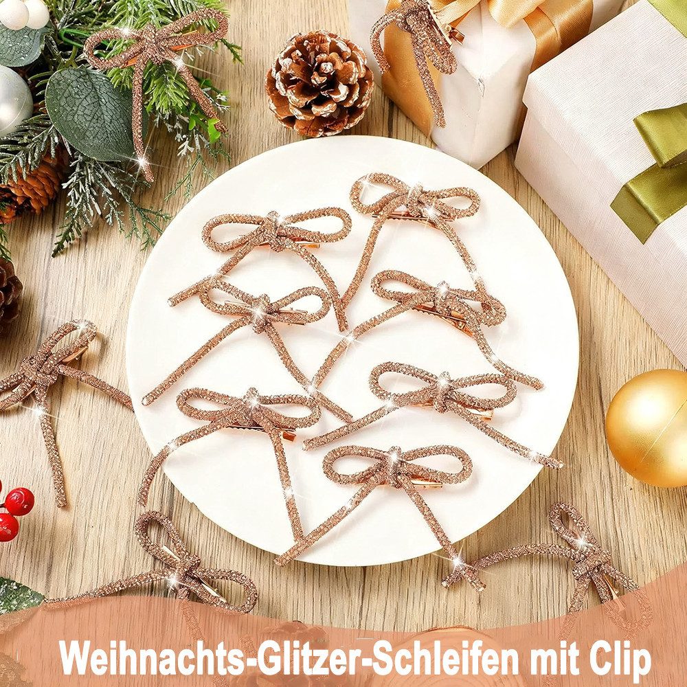 CLTYQ Christbaumschmuck Schleifen mit Strasssteinen und gold-champagnerfarbener Glitzeroptik (6-tlg), für Weihnachtsbaum, Kranz, Girlande und Geschenkverpackung – Bild 3 von 4