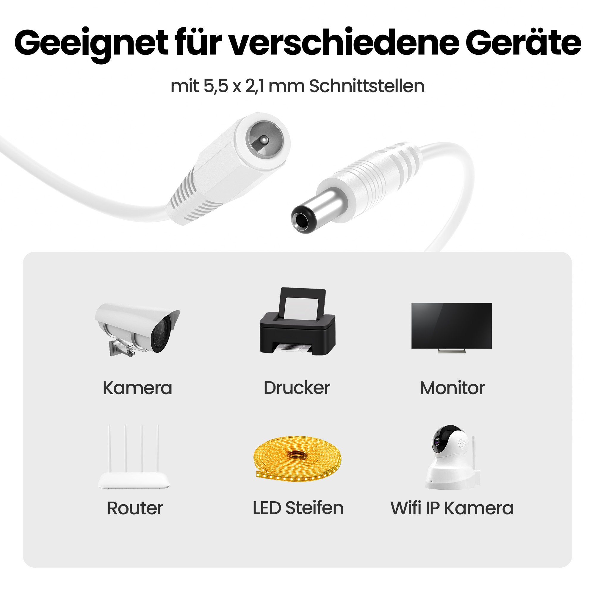 JAMEGA DC Verlängerungskabel 12V 5,5mm x 2,1mm Stecker Kabel Buchse Kupplung Netzkabel, Hohlstecker , Hohlsteckerbuchse  (1000 cm)