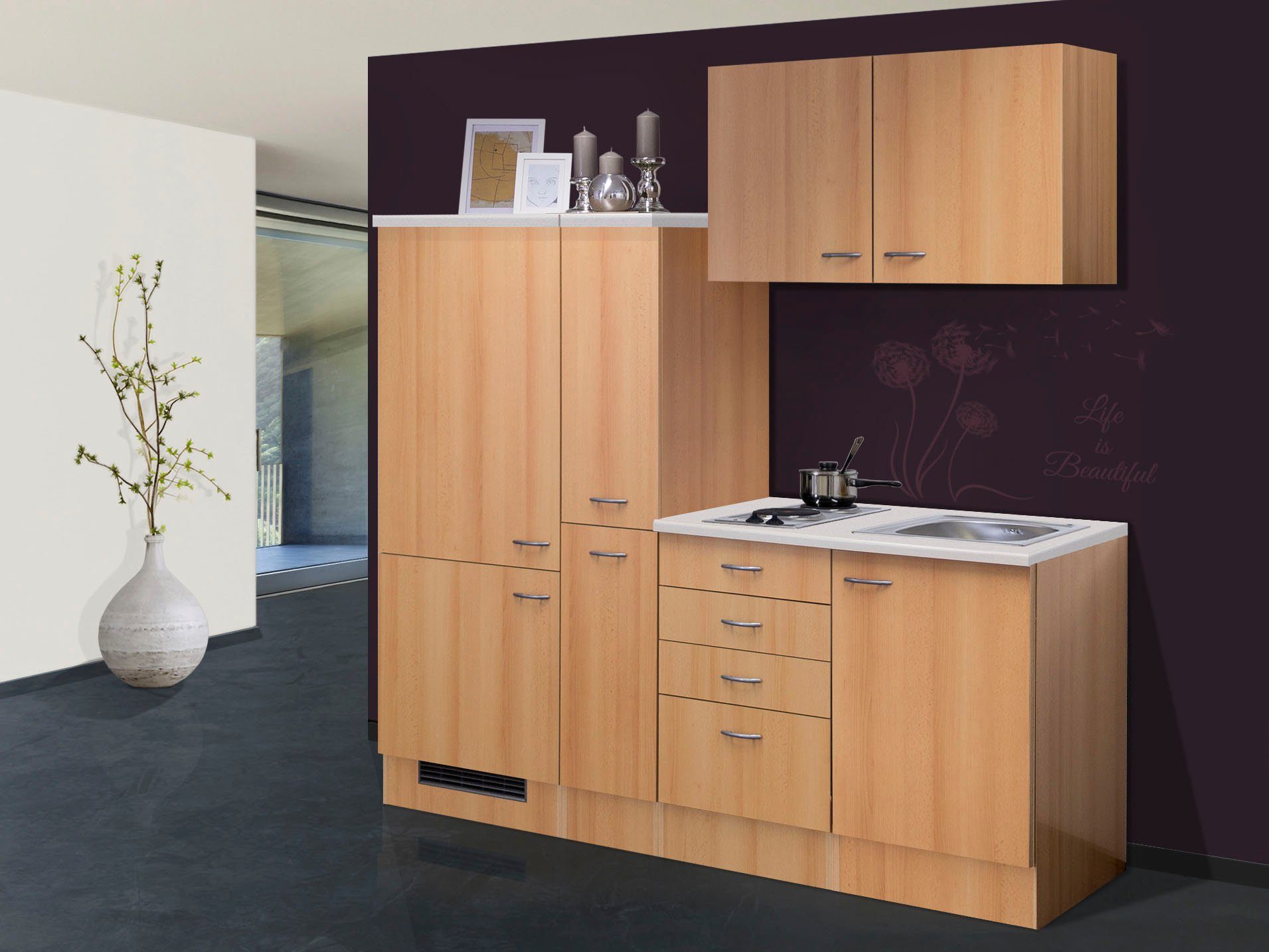 Flex-Well Küchenzeile Nano, Gesamtbreite 190 cm, mit Apothekerschrank, mit Einbau-Kühlschrank etc.