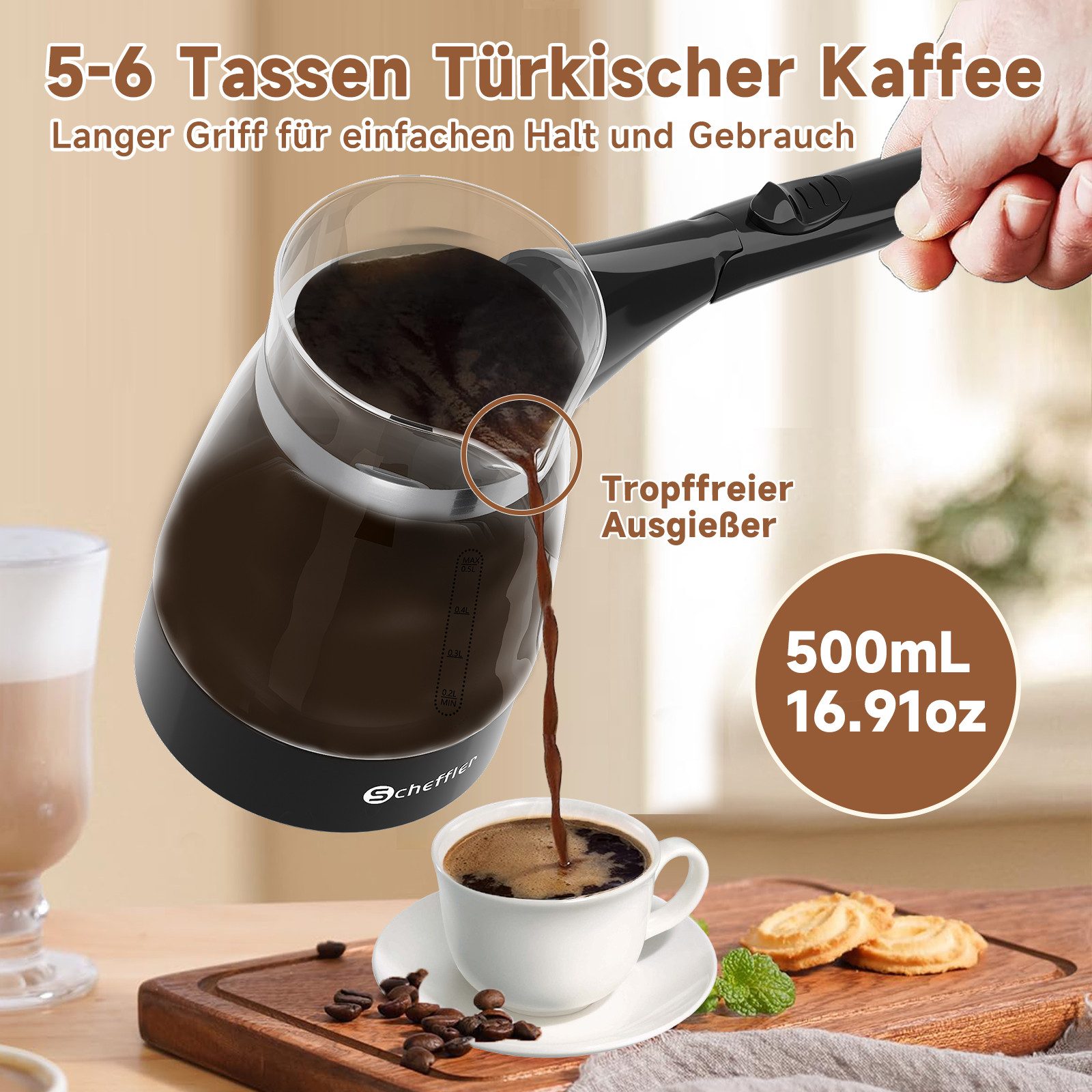 Scheffler Kaffeekanne Glas Kaffeemaschinen Türkische Kaffeekocher French Press, 0.5 l, (1-St., Milchkanne), 304 Edelstahl, Überhitzungsschutz Für Zuhause Büro Reisen