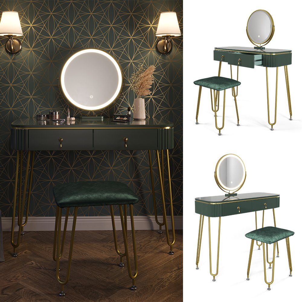 Vicco Schminktisch Grace, Dunkelgrün Hochglanz, 100 cm mit LED Beleuchtung günstig online kaufen