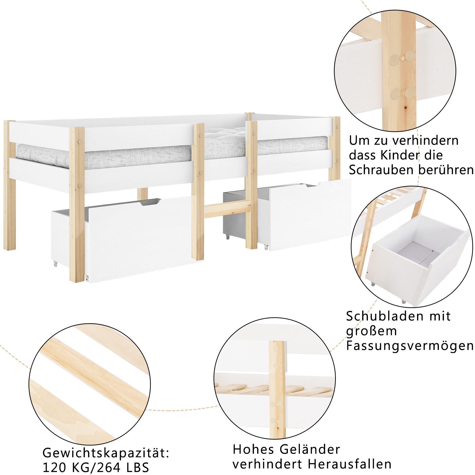 Merax Hochbett mit Schubladen, Kinderbett Kiefer mit Leiter, Einzelbett 90x200cm