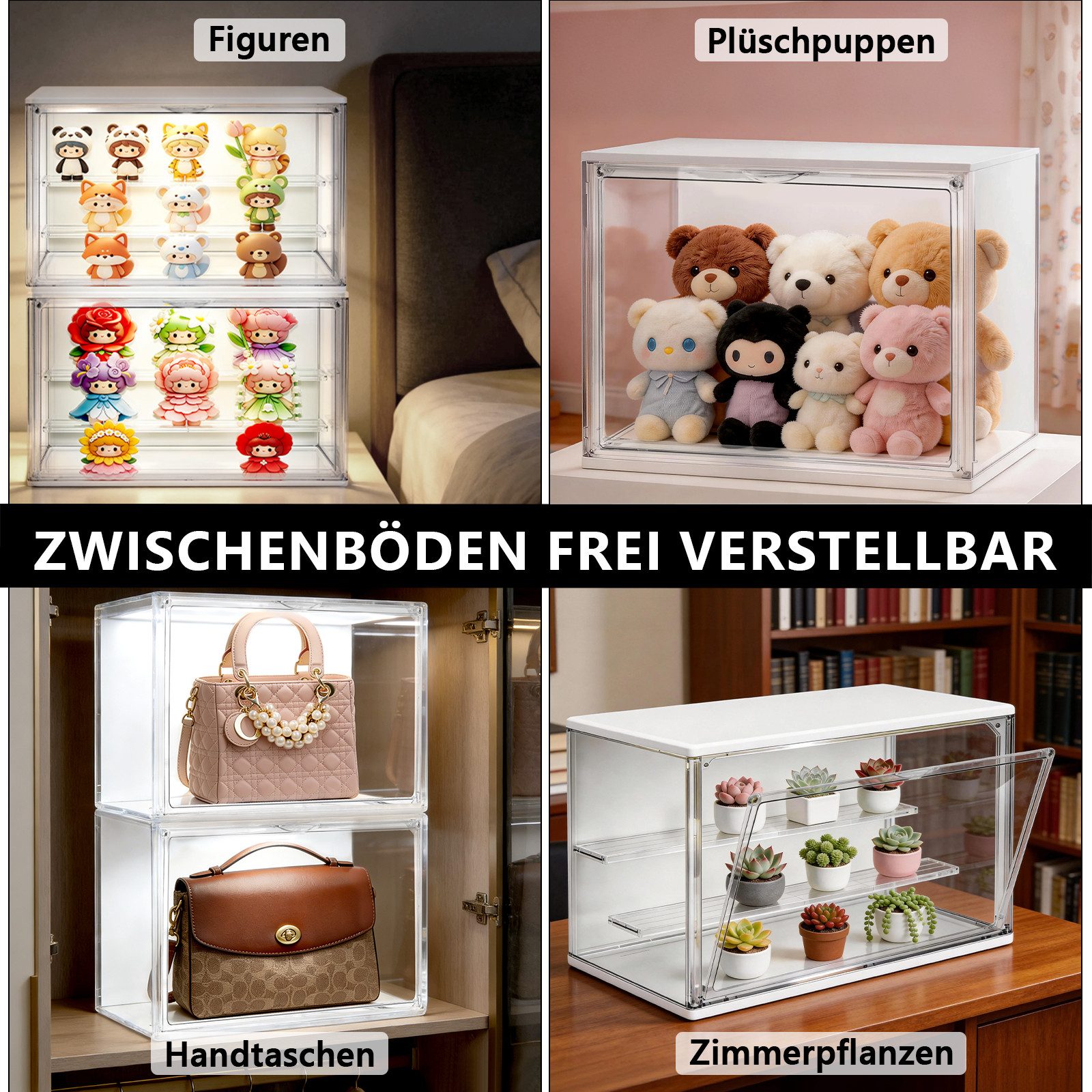 XERSEK Aufbewahrungsbox 3 Ebenen LED Vitrine Displaybox mit Steckboden & Magnettür Organizer (Set, 4 St., 36×22×18cm Stapelfähig), für Figuren/Spielzeug/Blind Box/Modellautos/Sammelfiguren