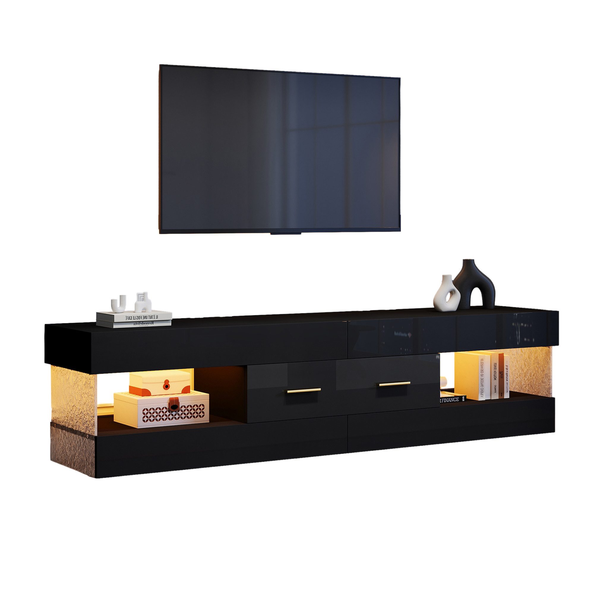Merax Lowboard mit LED-Beleuchtung (TV-Möbel für Fernseher bis 75 Zoll, 1 St., 152x35x40cm), TV-Schrank mit Acryl-Seitenwänden, 2 Schubladen & 4 offenen Fächern