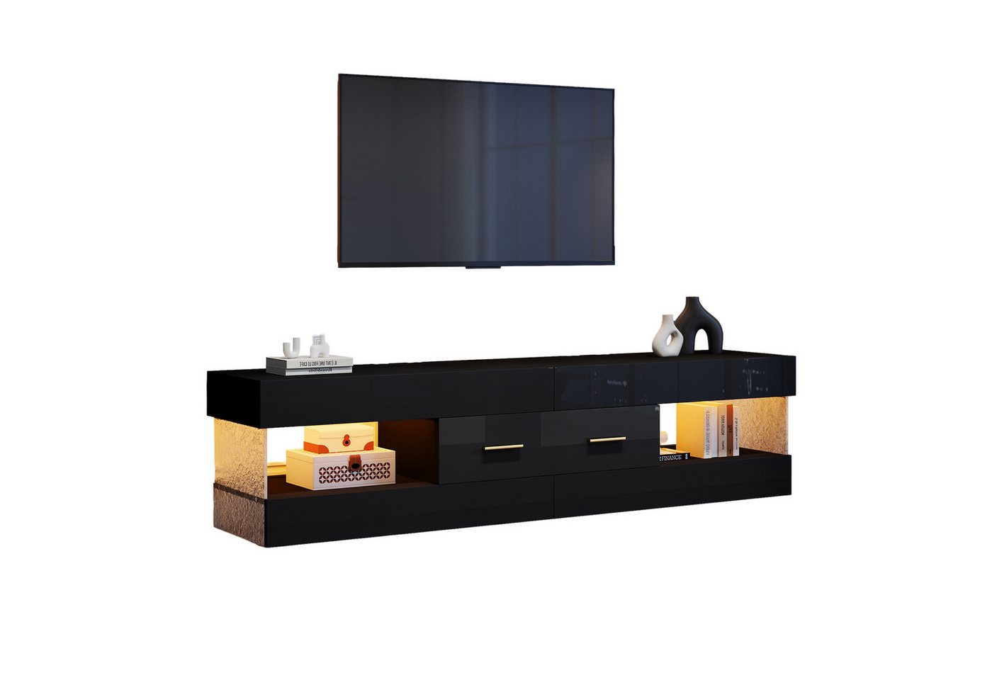 Merax Lowboard mit LED-Beleuchtung (TV-Möbel für Fernseher bis 75 Zoll, 1 St., 152x35x40cm), TV-Schrank mit Acryl-Seitenwänden, 2 Schubladen & 4 offenen Fächern