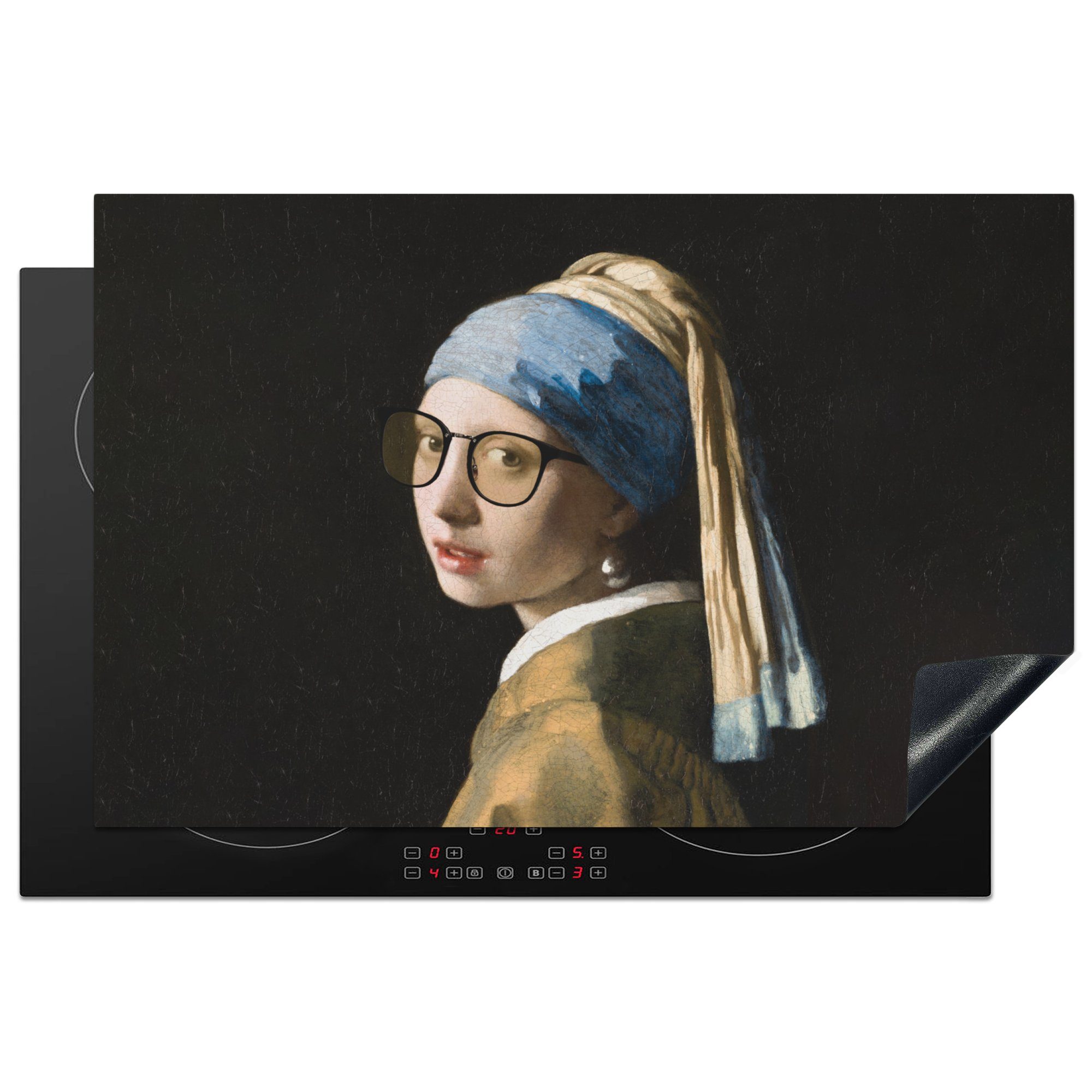 MuchoWow Herdblende-/Abdeckplatte Das Mädchen mit dem Perlenohrring - Vermeer - Brillen, Vinyl, (1 tlg), 81x52 cm, Induktionskochfeld Schutz für die küche, Ceranfeldabdeckung