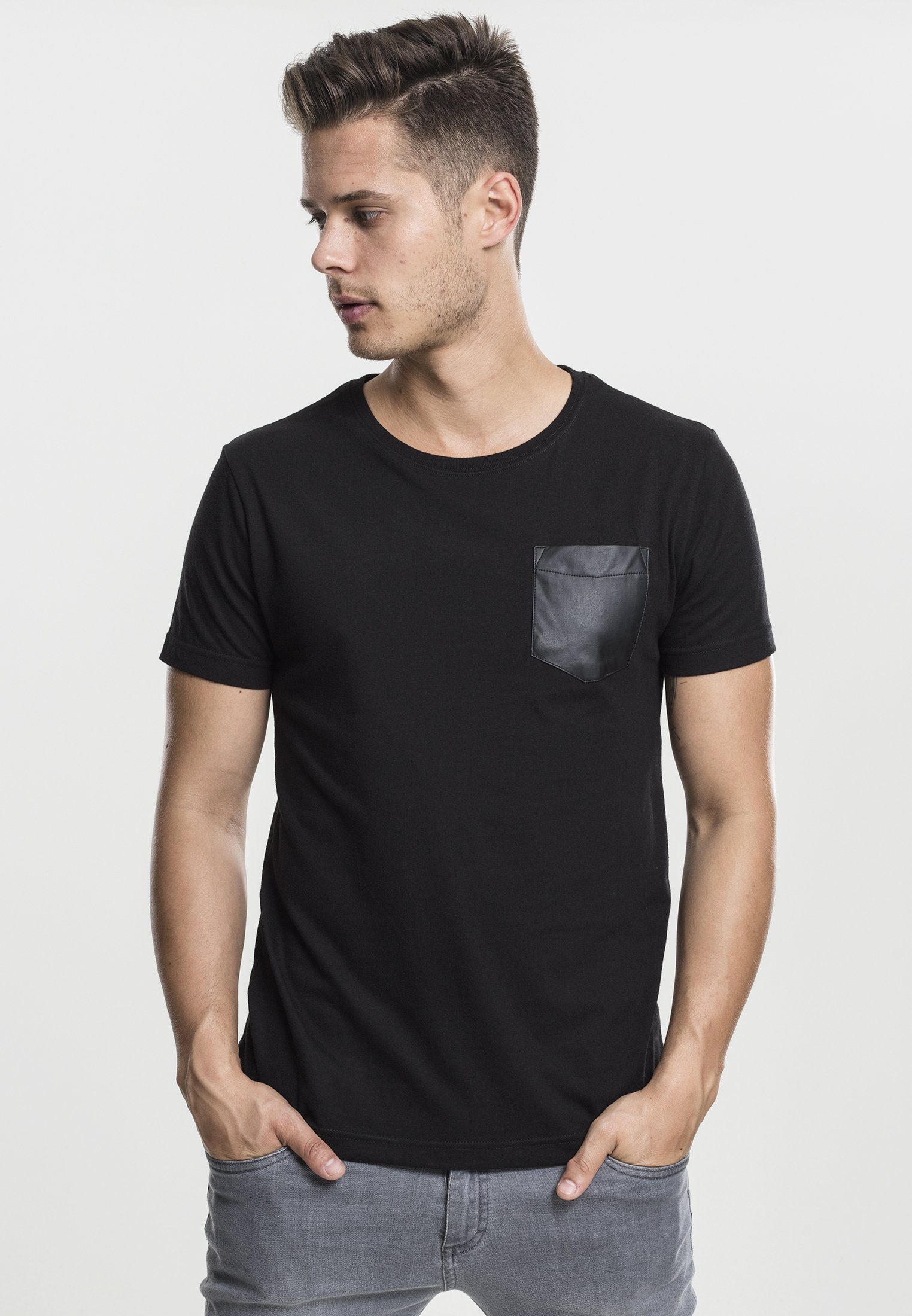 T-Shirt Pocket Leather Tee URBAN CLASSICS black/black T-Shirt Synthetic (1-tlg)