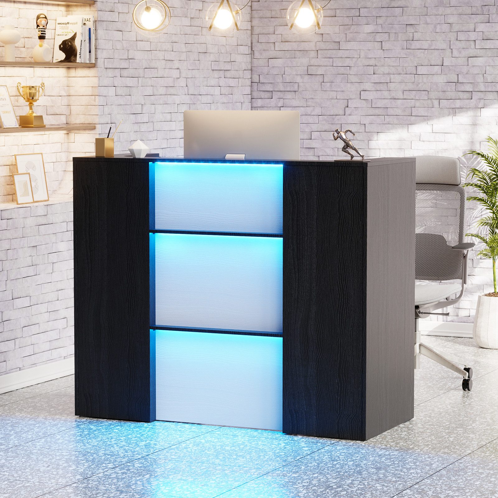 PEALOV Empfangstheke mit RGB-LED-Beleuchtung, Verkaufstheke mit Stauraum, 120x50x100cm (1-St), Vielseitige Rezeptionstheke für Büro, Salon, Geschäft und Café