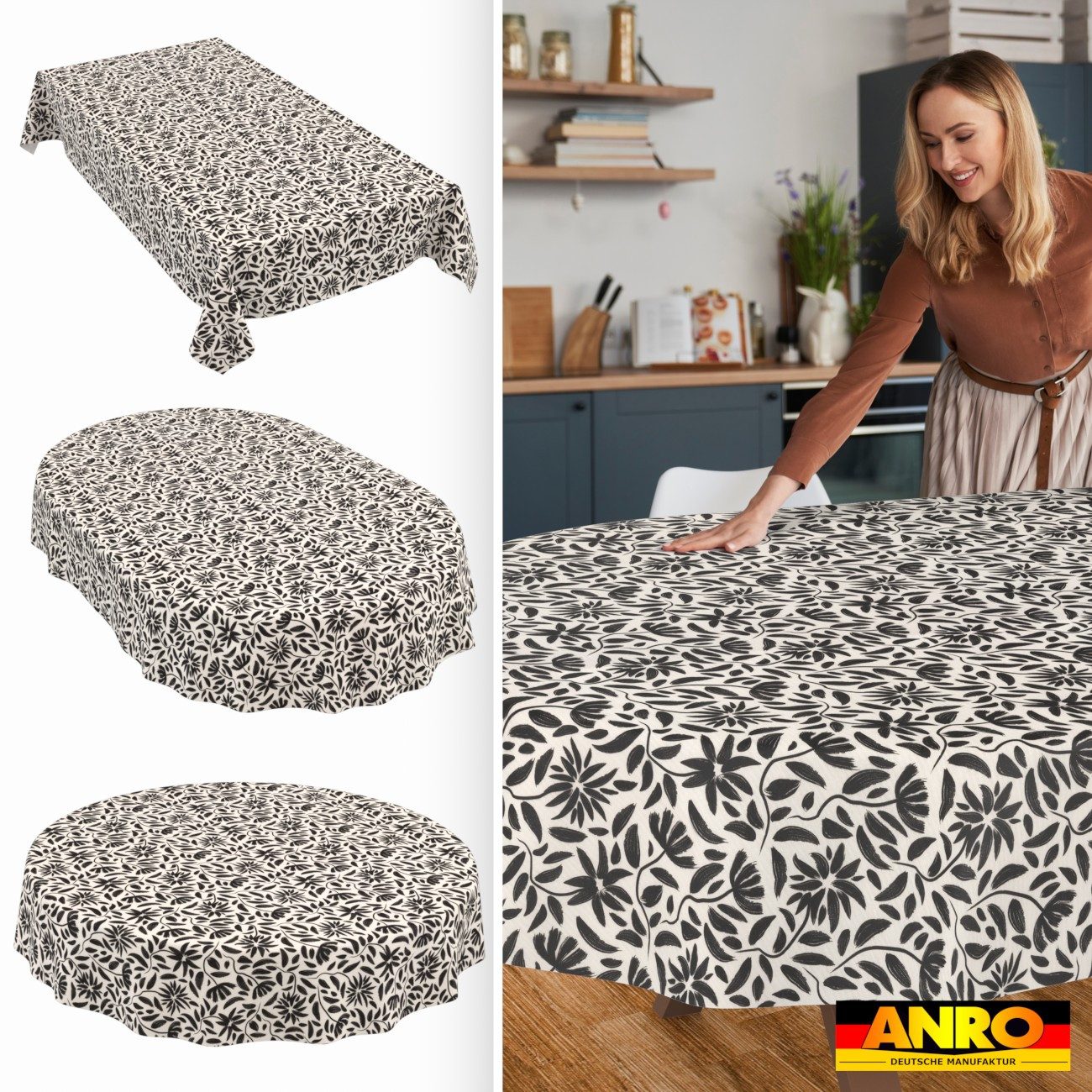 ANRO Tischdecke abwaschbar Barcelona Stoff Premium Grafisch Blumen Tischtuch (Einzelstück 1-tlg), Stoff schmutzabweisend 160x140cm Grafisch Schwarz