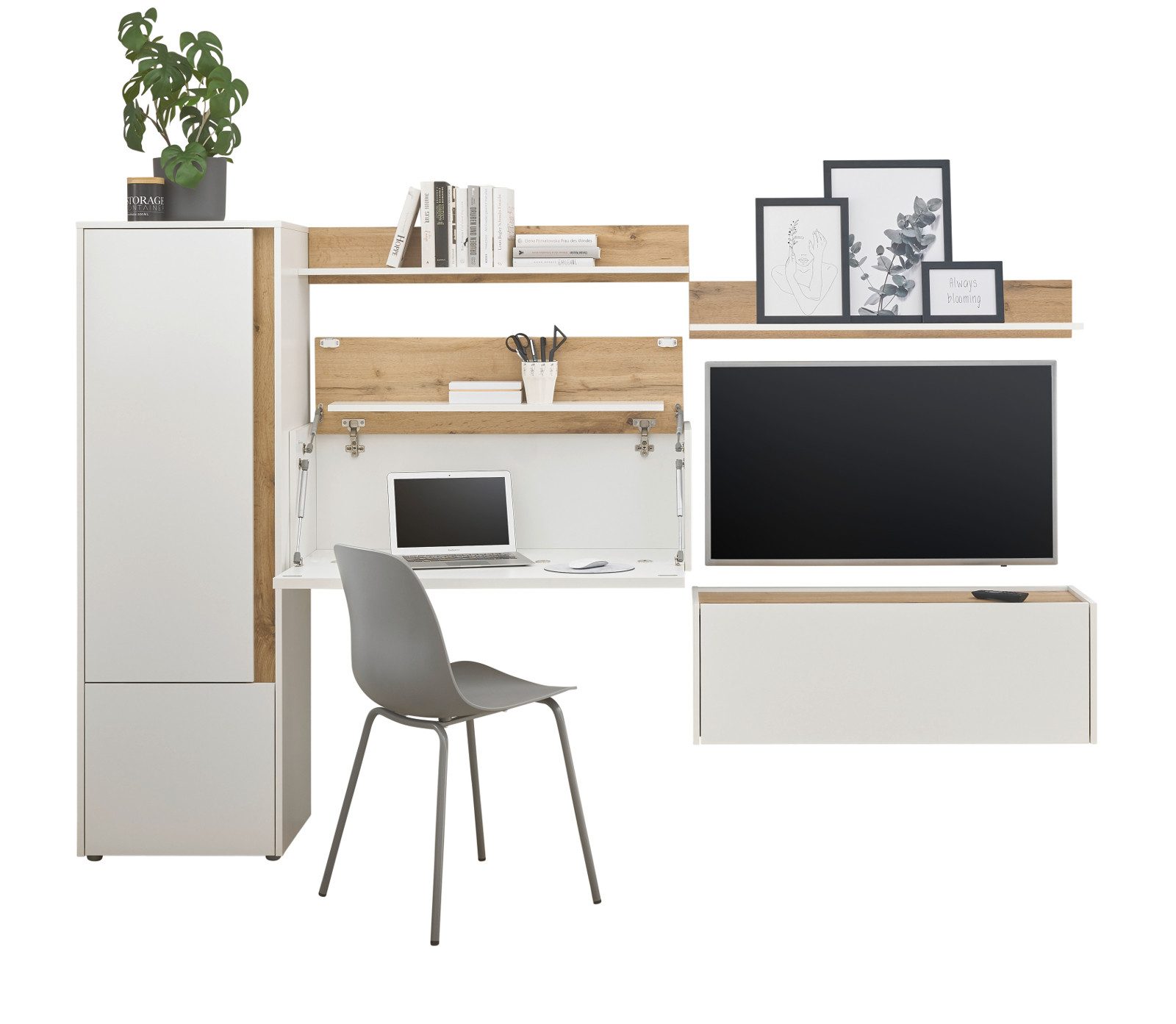 Furn.Design Wohnwand Center, (Wohnkombination in weiß matt und Eiche Wotan, 5-St., Breite 250 cm), mit Sekretär