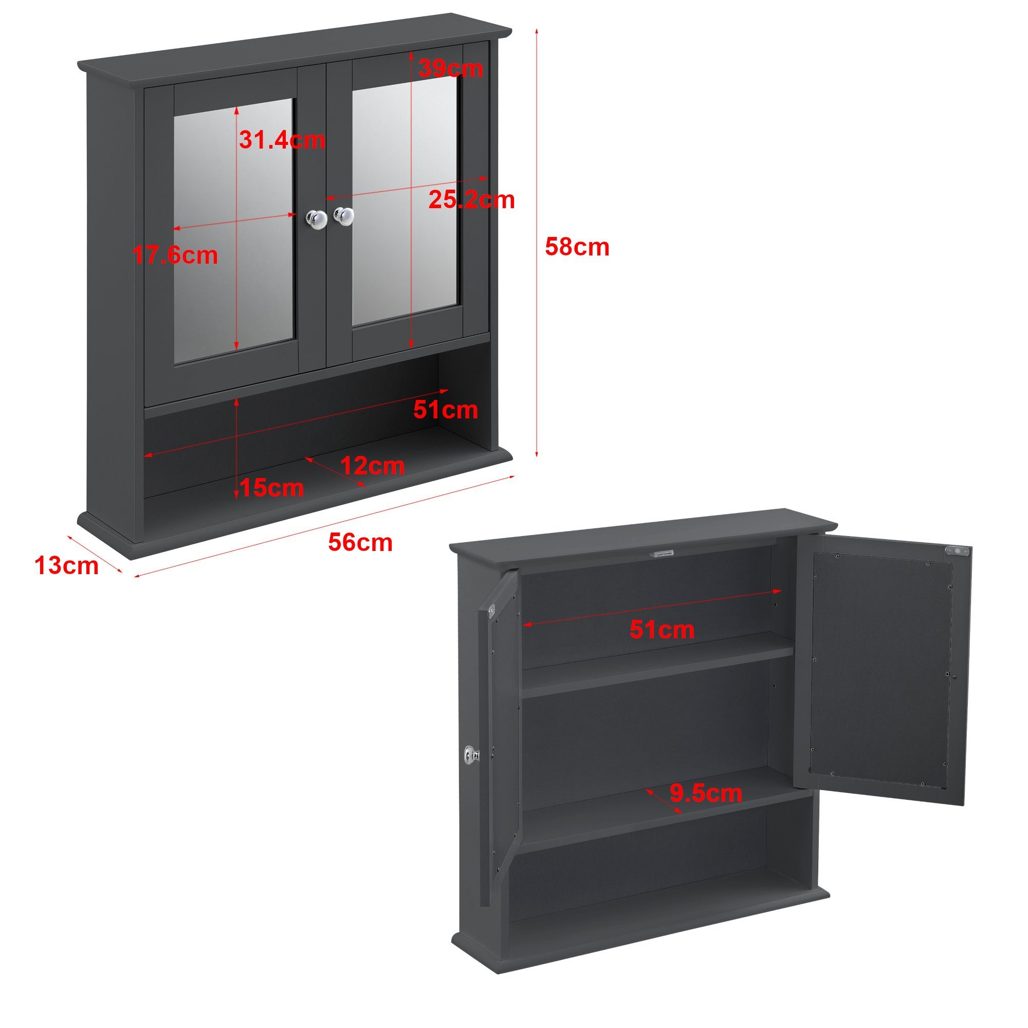 Hängeschrank Türen en.casa 2 Dunkelgrau 58x56x13cm Badezimmerspiegelschrank mit »Linz« verspiegelten