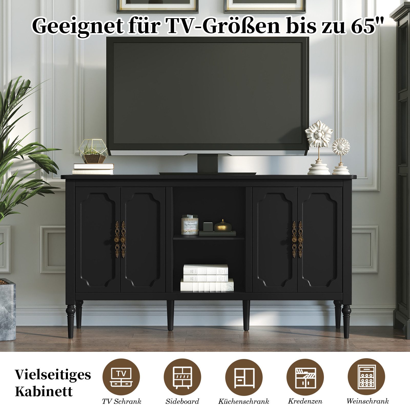 HOLTICO Sideboard Buffet Schrank mit 4 Türen und offenem Regal, Vintage Akzent Kommode (1 St), TV-Schrank, Küchenschrank, Kredenz, und Weinschrank – Bild 5 von 5