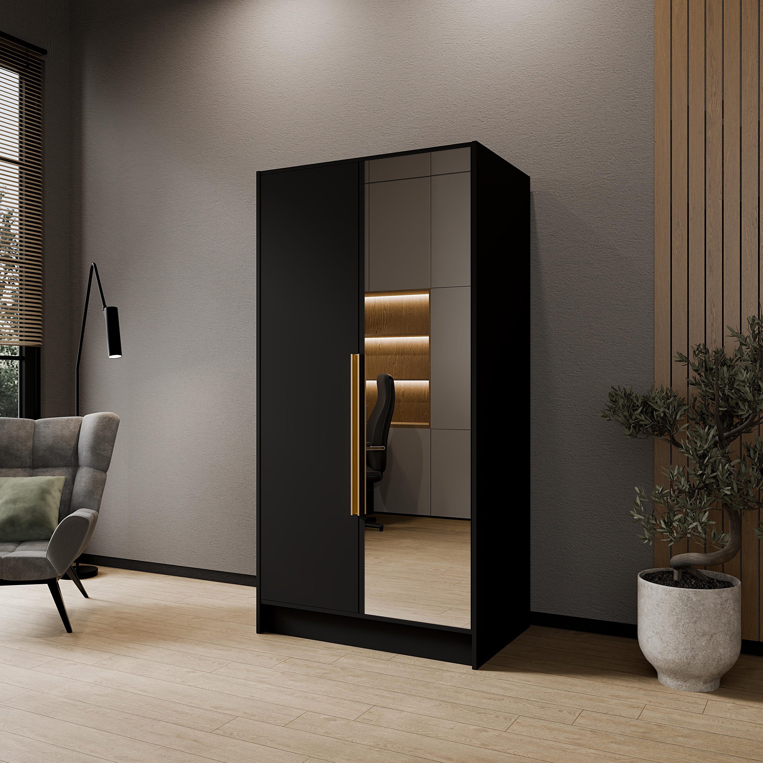 Beautysofa Drehtürenschrank LARO mit Spiegel und flexibel anpassbarer Innenaufteilung (Weiß, Schwarz oder Kaschmir, Griffe Schwarz oder Gold) 2-türiger Kleiderschrank