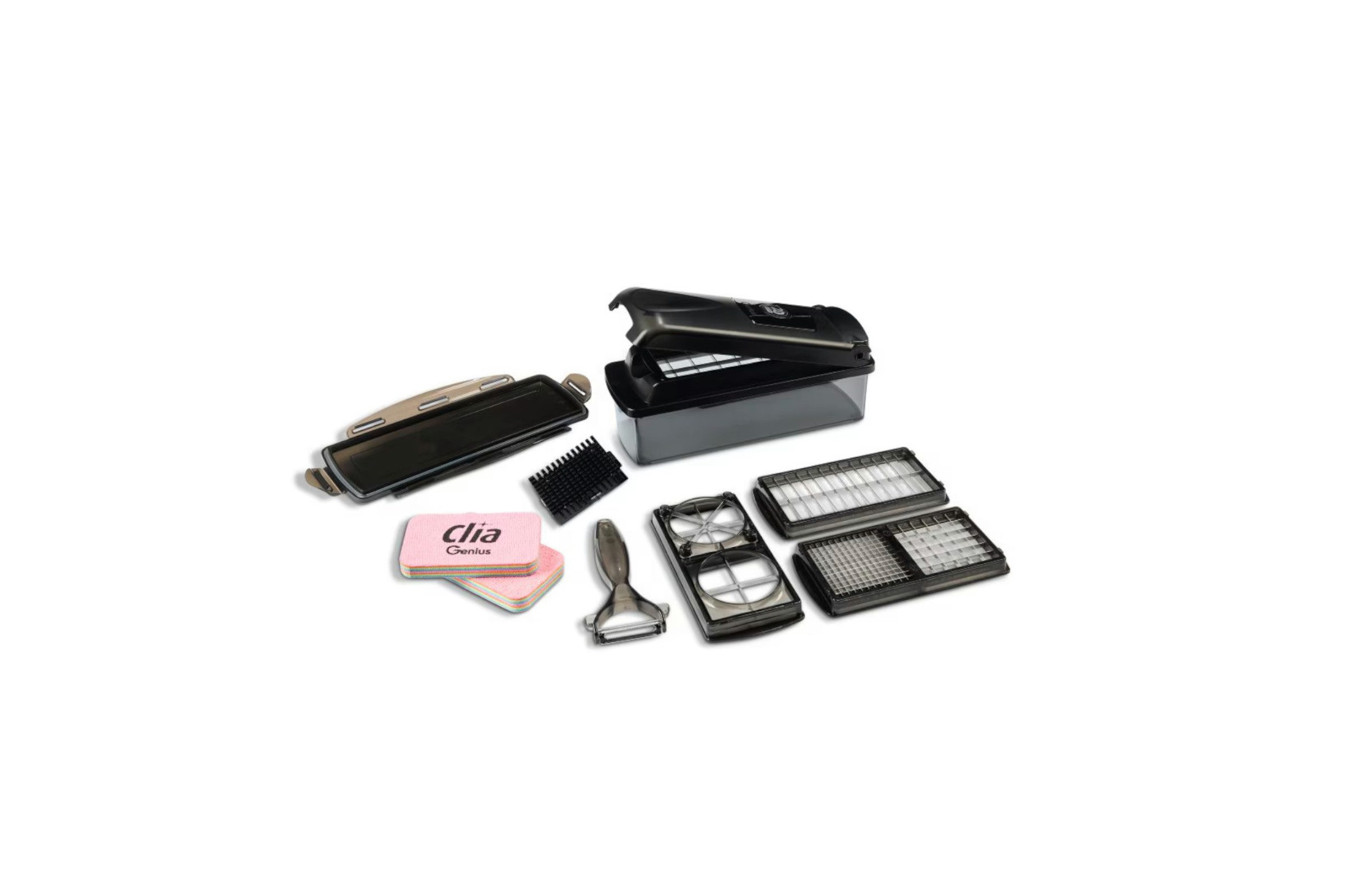 Genius Gemüse-Scheibenschneider Nicer Dicer Plus Jubiläums Edition 13-teilig schwarz inkl Clia Schwamm, (Küchenhelfer-Set, 13-tlg., Jubilärums-Edition), Plus Edition in Schwarz +2 Genius Clia Rainbow Putzschwämme