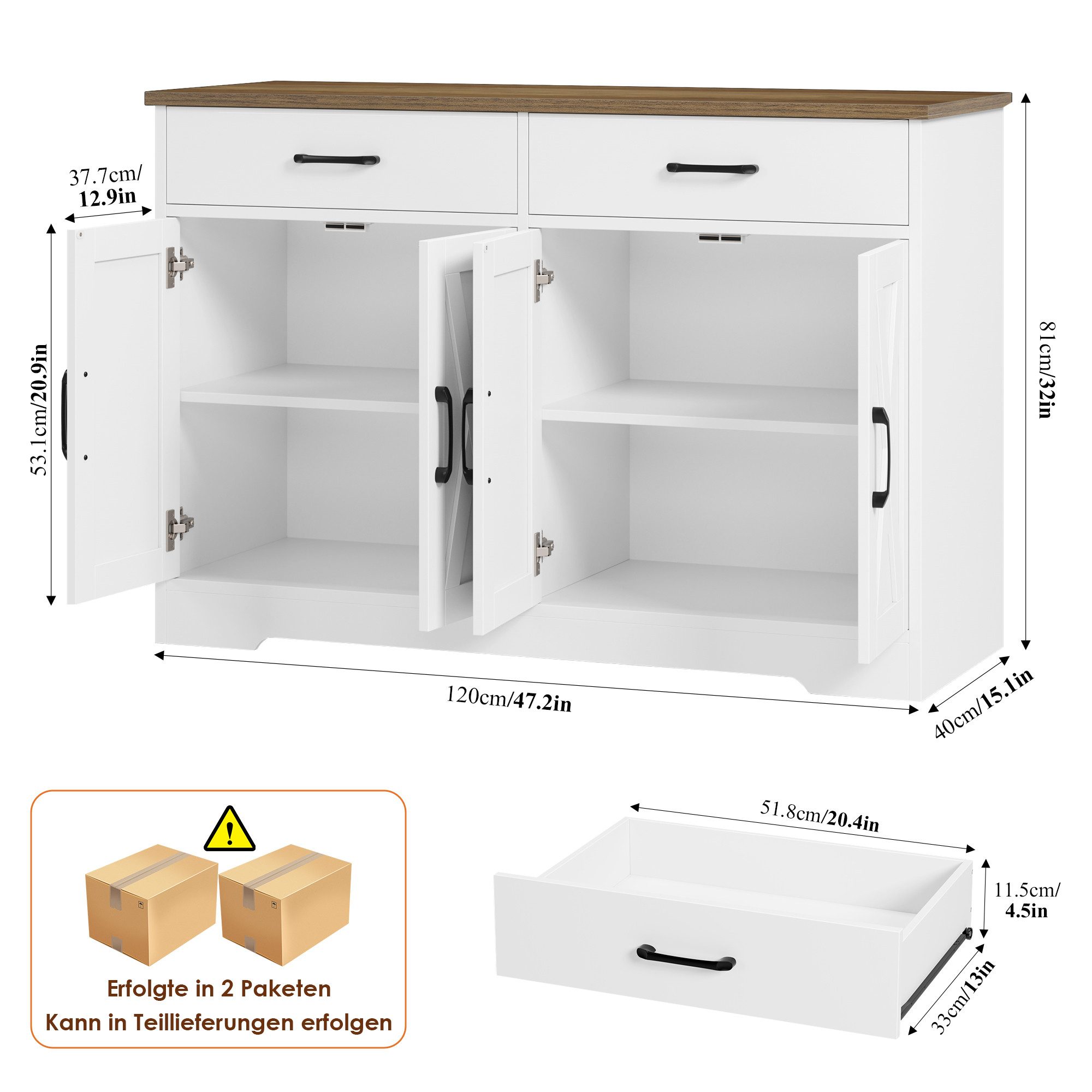 HOMECHO Buffet 120cm Breit Küchenschrank mit Arbeitsplatten, 2 Schubladen, 4 Türen