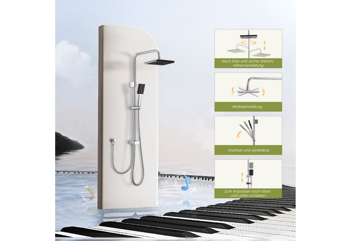 Thumbnail - HOMELODY Duschsystem Duschsäule ohne Mischbatterie mit Piano-Knopf-Wassertrennschalter, 2 Strahlart(en), quadratischem D...