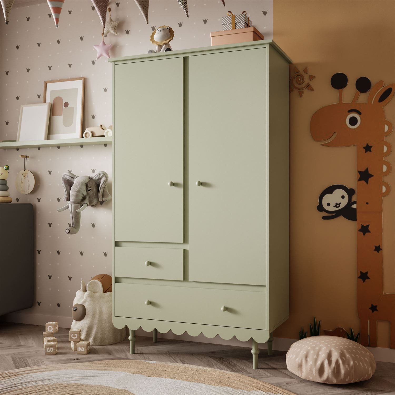 Lookway Kinderkleiderschrank BABUSHKA Zweitüriger Kleiderschrank mit Schubladen (1x Schrank)
