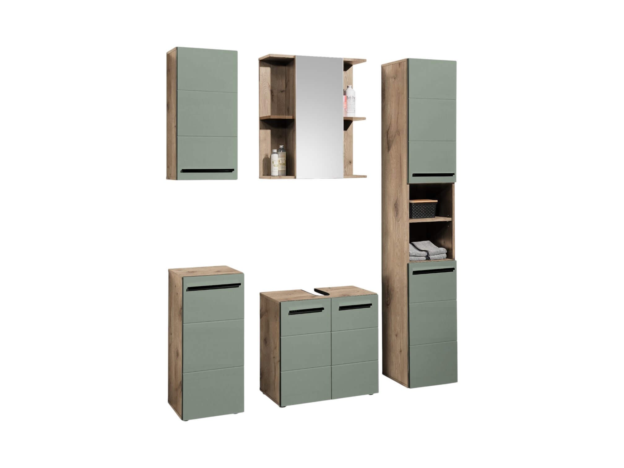 moebel-dich-auf Badezimmer-Set VALENCIA, (Hochschrank, Waschbeckenunterschrank, Spiegelschrank, Hängeschrank, Kommode, MDF-Fronten tiefgezogen, Korpus melaminbeschichtet)
