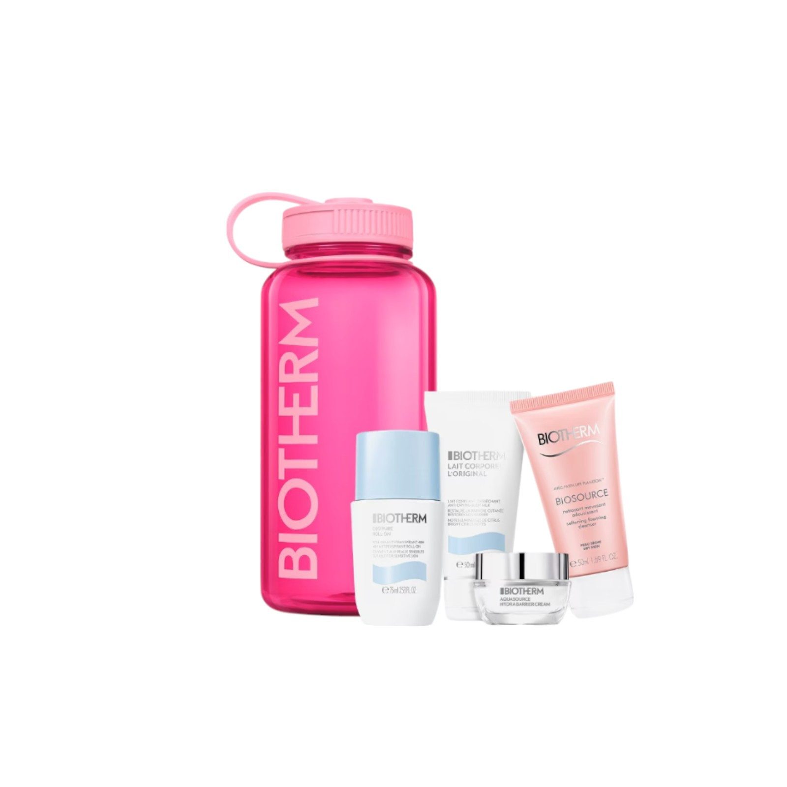 BIOTHERM Gesichtspflege-Set Biotherm Drop-Set Pink Deo Pure Roll-On 75 ml + Lait Corporel 50 ml + Aquasource Hydra Barrier Cream 15 ml + Biosource Cleanser 50 ml / 1 Stk., 5-tlg.