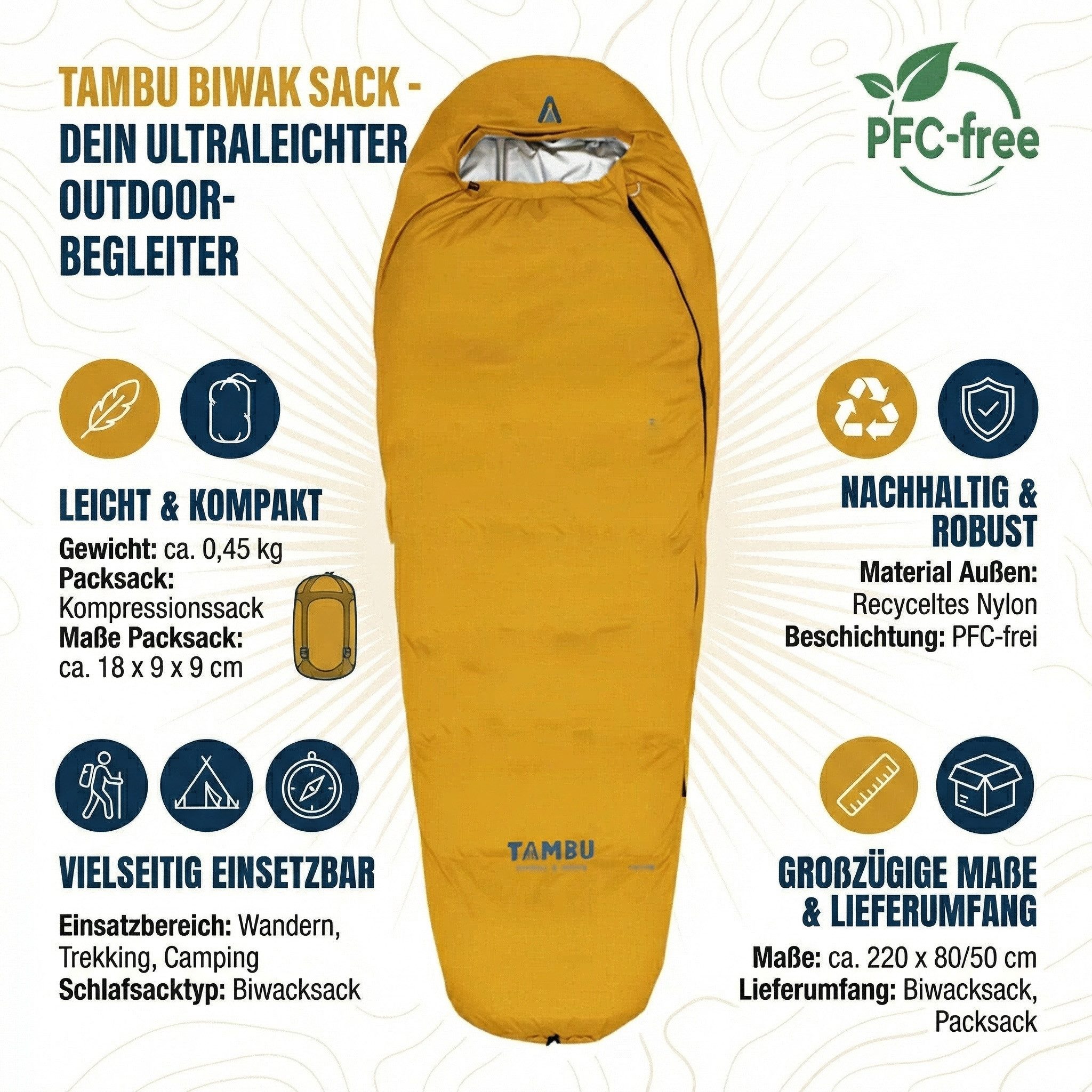Tambu Biwaksack Biwak Sack Mumienschlafsack Überzug für Schlafsack 0,5 kg ohne Zelt, PU-Beschichtung, 8000 mm Wassersäule