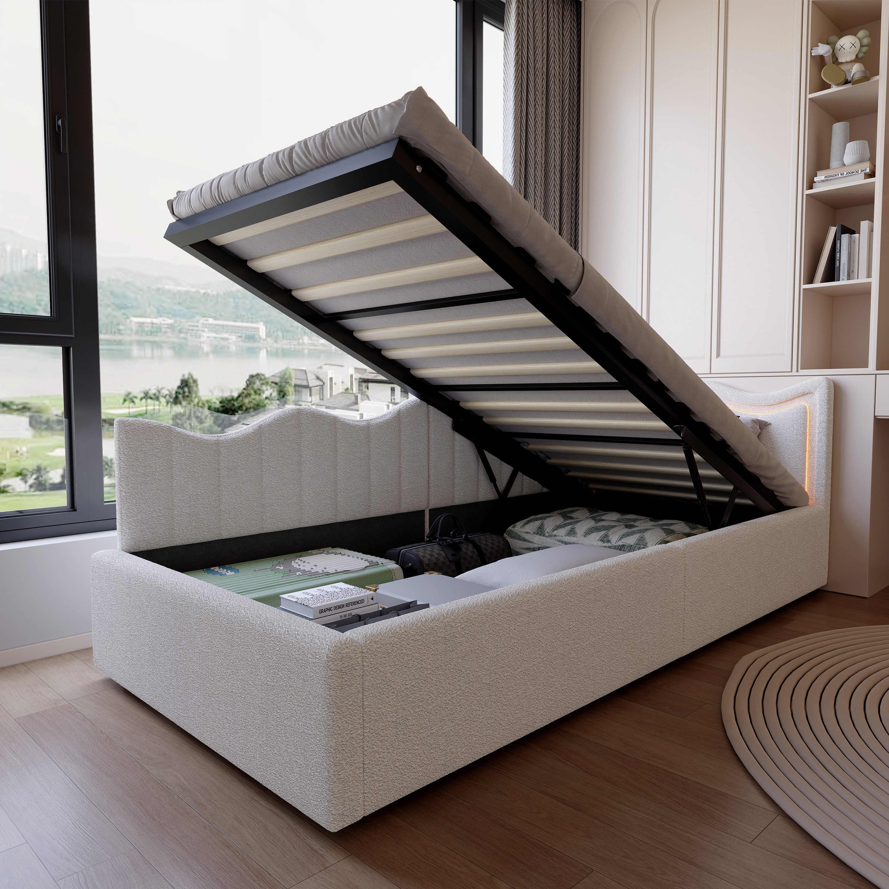 PXloue Polsterbett Schlafsofa Daybett (hydraulischem Stauraum), Jugendbett mit LED-Beleuchtung, Teddysamt, 90x200 cm