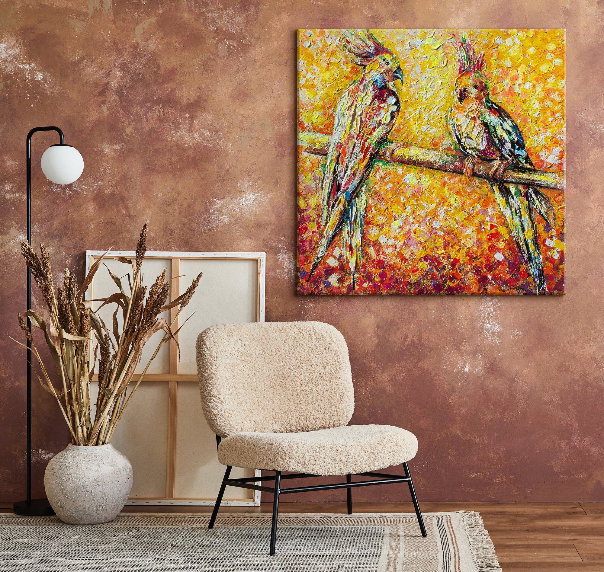 Bunt Bild Tierbilder, Rot Sonne, Orange YS-Art Handgemalt Schattenfugenrahmen Papagei Ohne Papagei Leinwand der Gemälde in