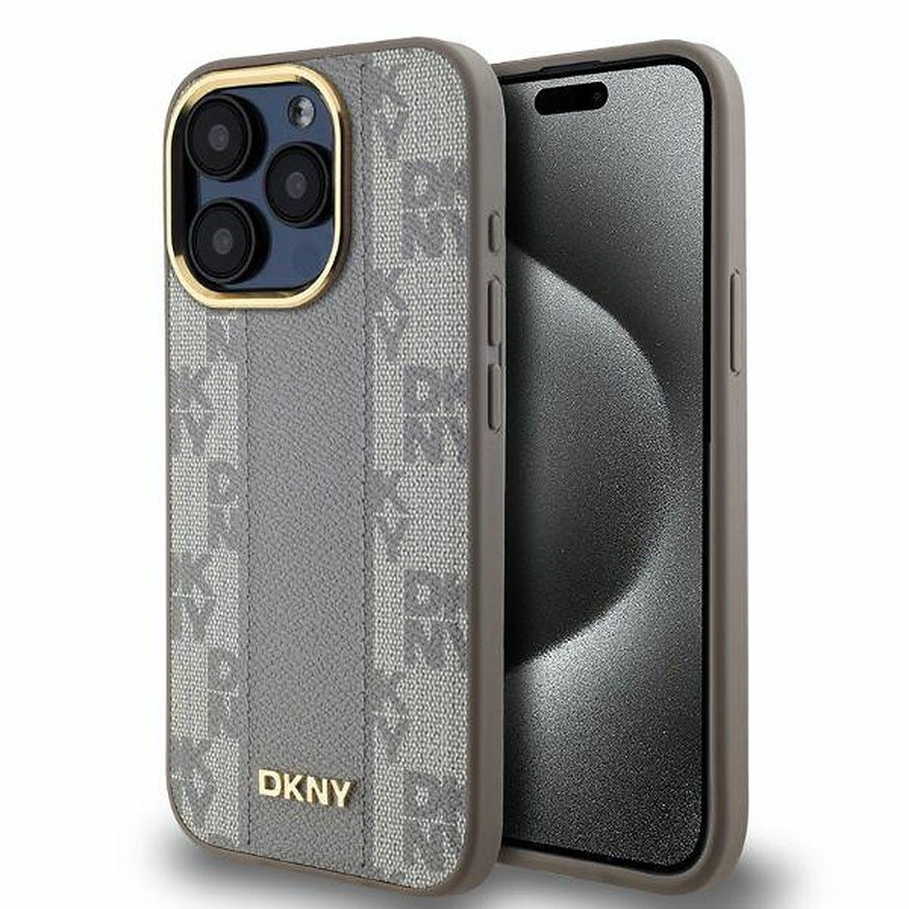 DKNY Handyhülle Schutzhülle Magnethülle Hartschale 6,7 Zoll, MagSafe-kompatibel, Kunstleder, Karomuster, Goldakzente