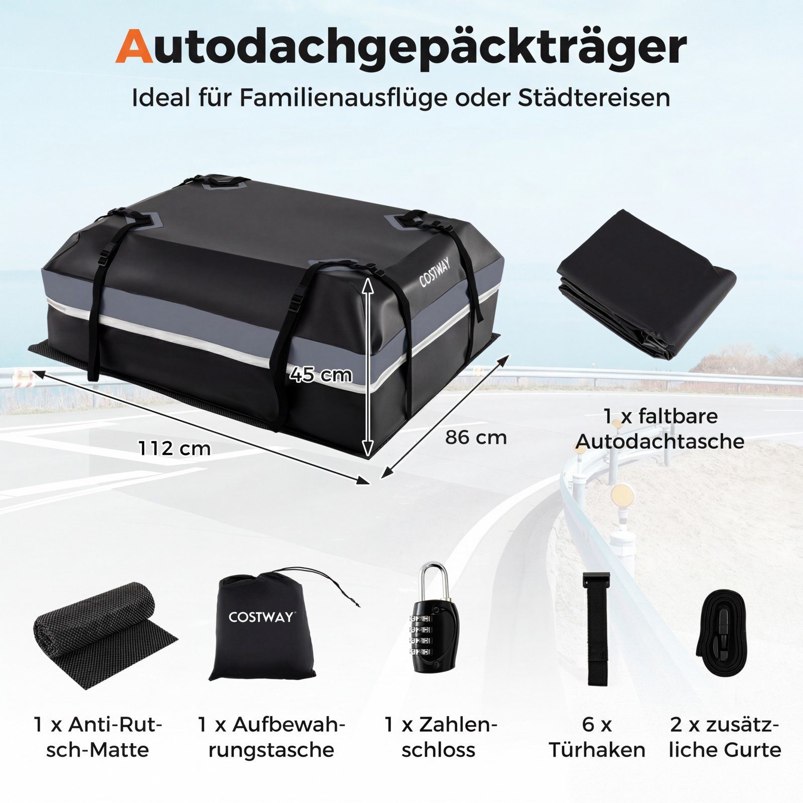 COSTWAY Dachbox, 450L, wasserdicht, tragbar, mit 6 Türhaken & Schloss