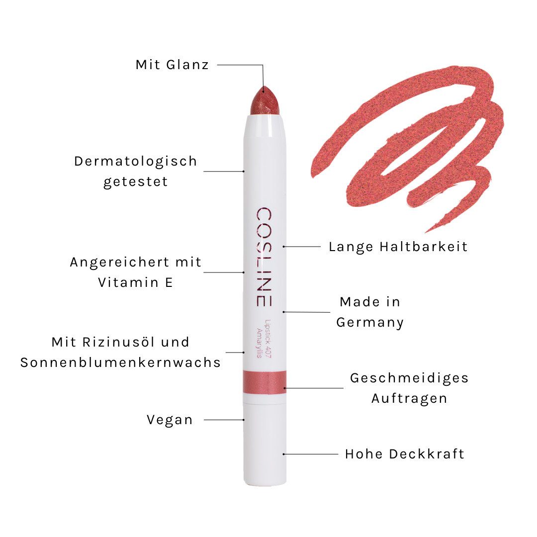 Cosline Cosmetics Lippenstift langanhaltend, pflegend, cremige Textur, mit natürlichen Inhaltsstoffen, Made in Germany