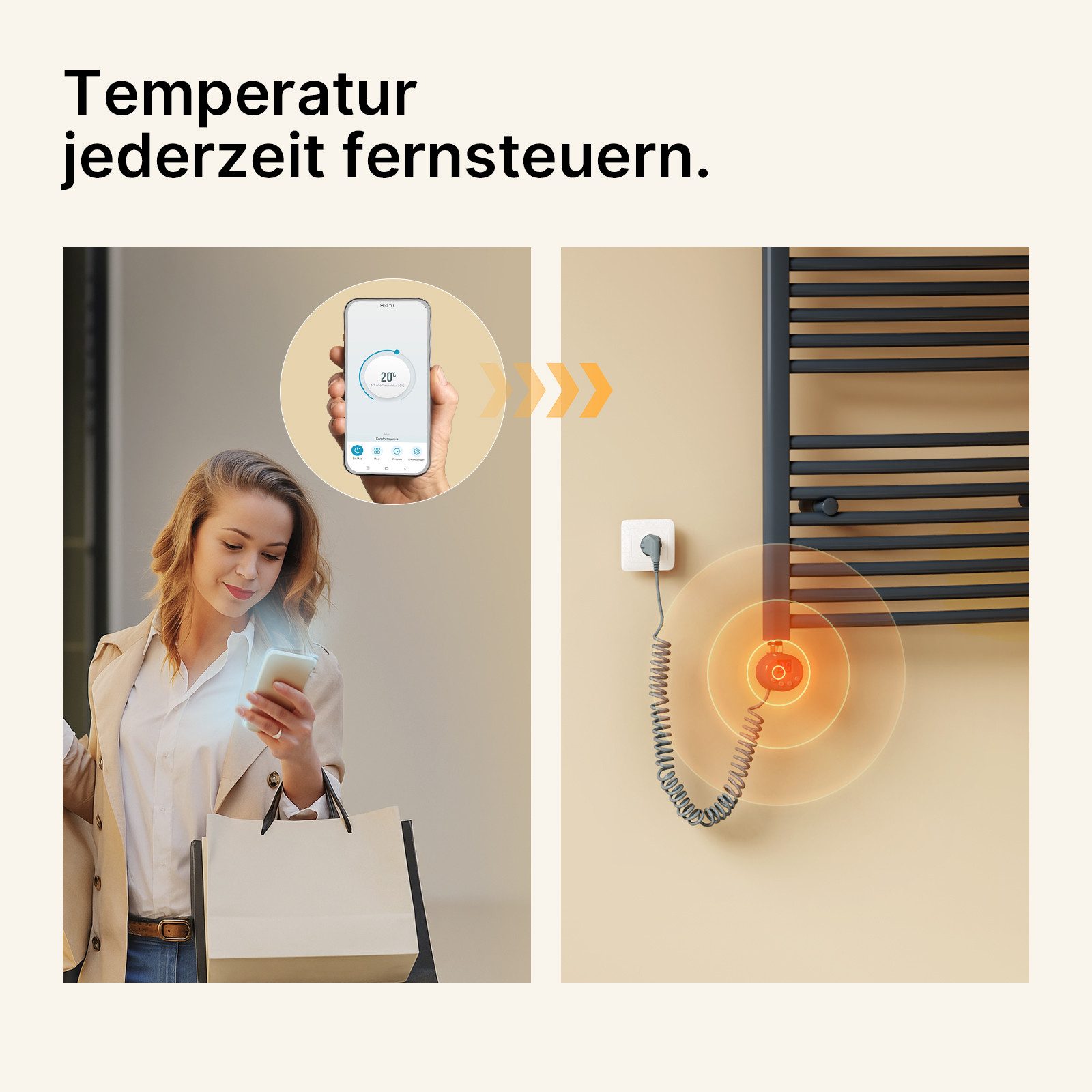 EMKE Heizstab heizkörper 300-1200W Timing Funktion Temperatureinstellung: 30-70°C, Wifi APP Steurung Thermostat Heizelement für Badheizkörper – Bild 5 von 5