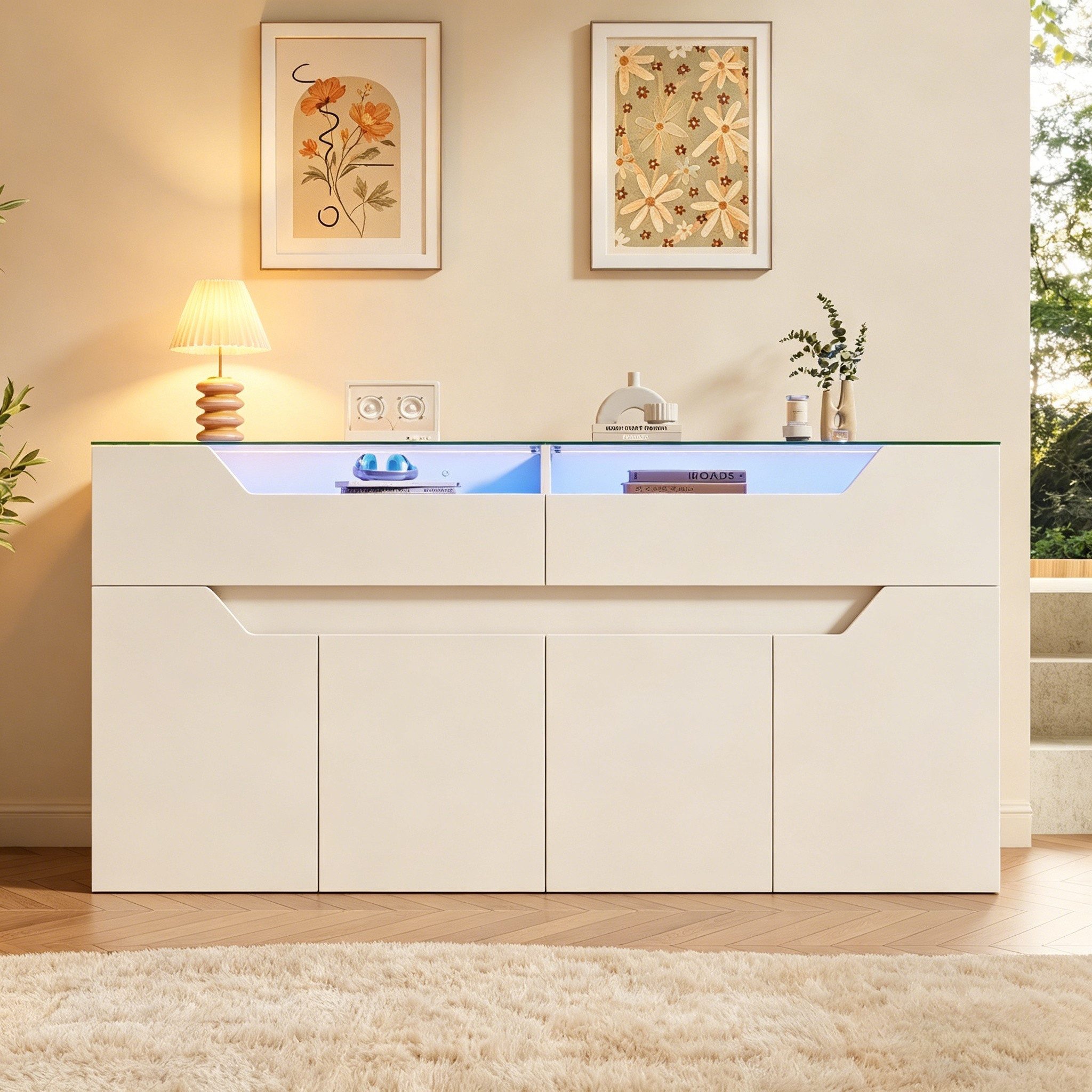 Merax Sideboard mit LED-Beleuchtung, Aufbewahrungsschrank Buffetschrank Anrichte (1 St), Kommode mit 2 Schubladen, 4 Türen, gehärteter Glasplatte & Stauraum