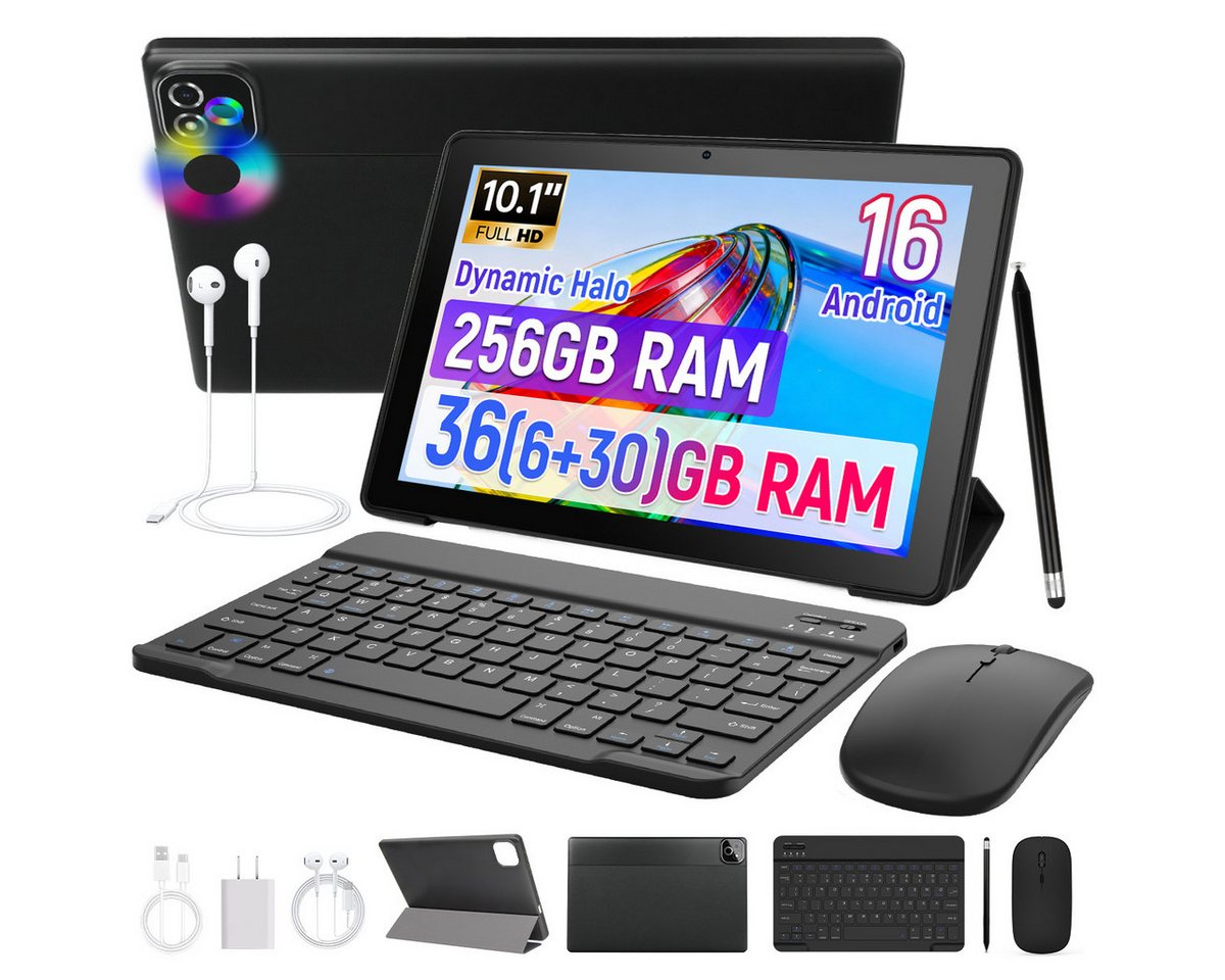 Happybe 10,1'' Octa-Core, 6000 mAh, HD 1280x800, 34GB/36GB RAM, 128GB/256GB Tablet (10.1", 256 GB, Android, Android 16, Gemini KI-Assistent, Widevine L1)