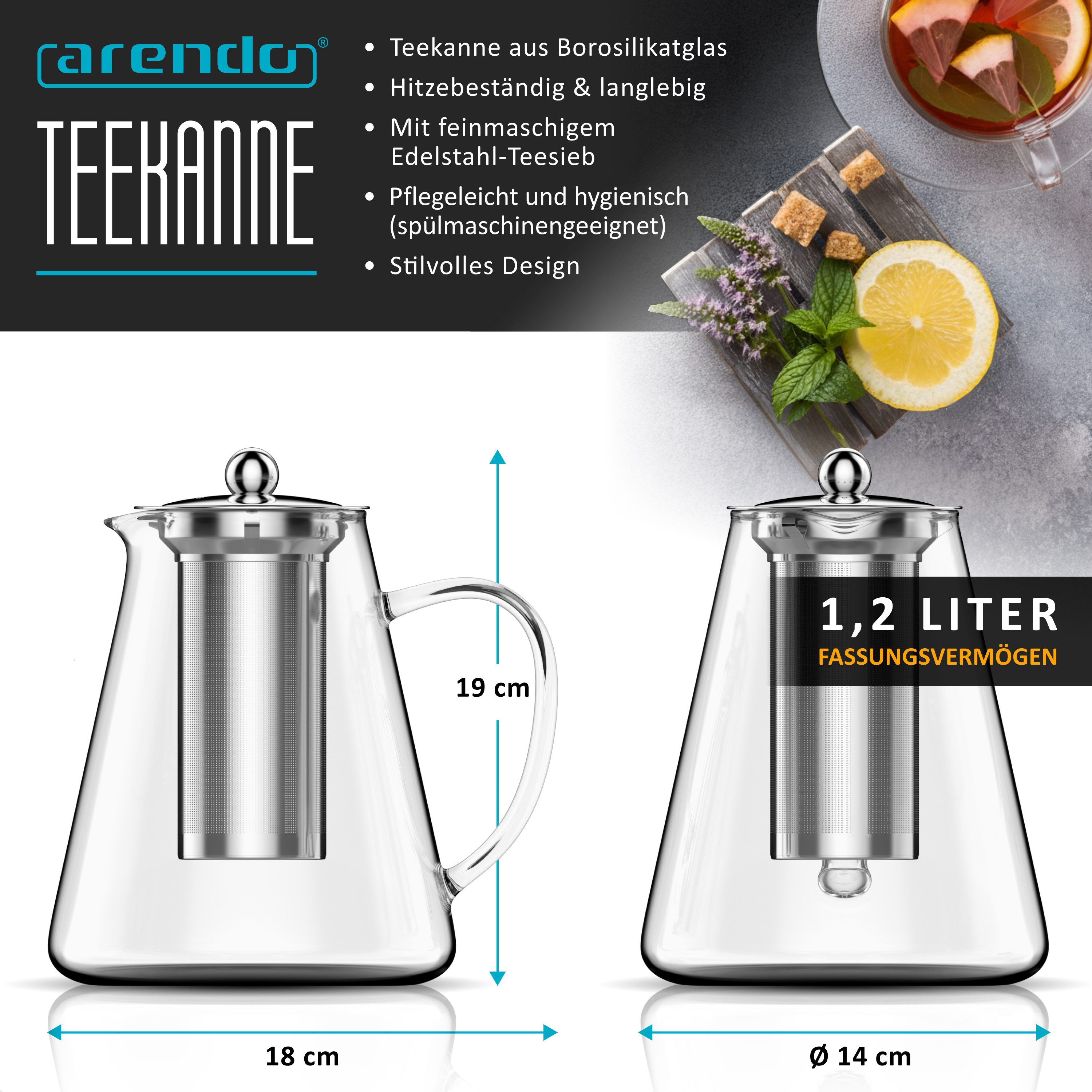 Arendo Teekanne Teebereiter aus Borosilikatglas mit Teefilter & Teesieb für losen Tee, 1,2 l, (Set, Glas Kanne, Edelstahlfilter), Mit Siebeinsatz aus Edelstahl, hitzebeständig & spülmaschinengeeignet